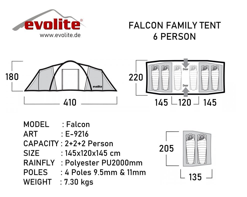 Evolite Falcon Family Tent with 6 Persons Rooms