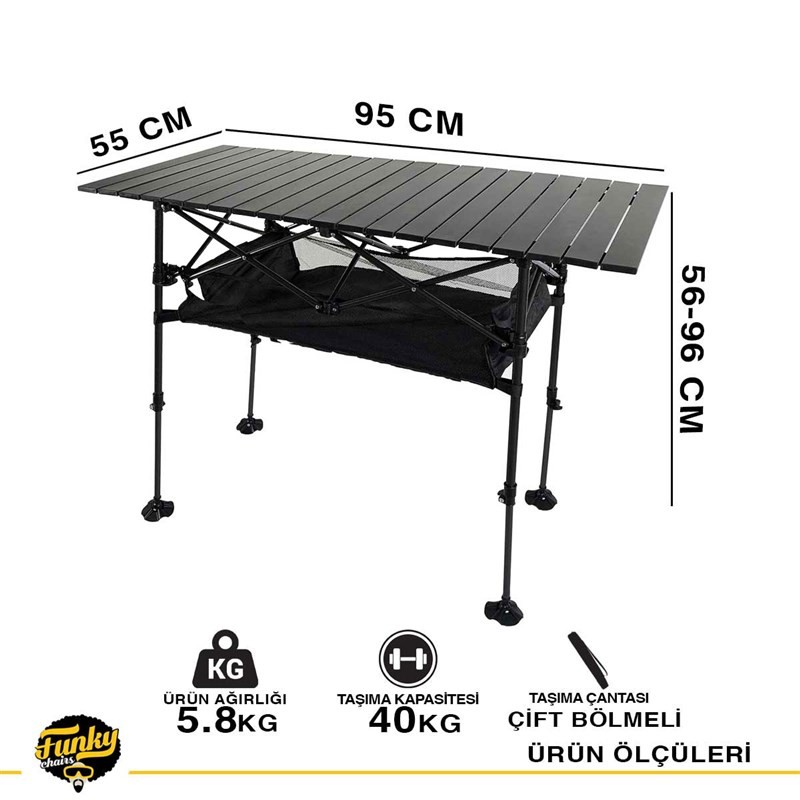 Caravan Class Katlanabilir Teleskopik Ayaklı Alüminyum Kamp Masası (95x55x68-96cm) Siyah