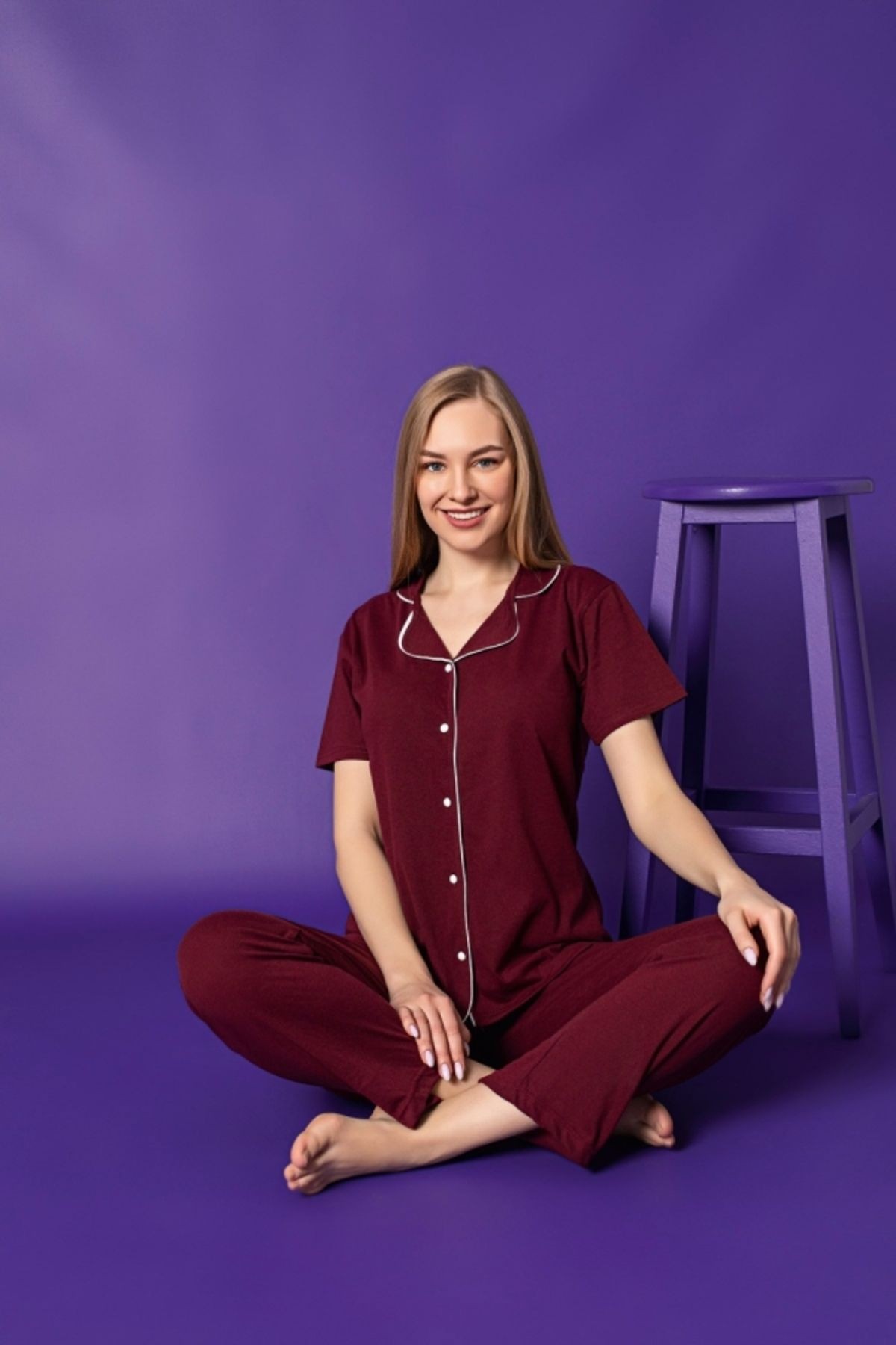 gömlek yaka kısa kollu pijama takımı