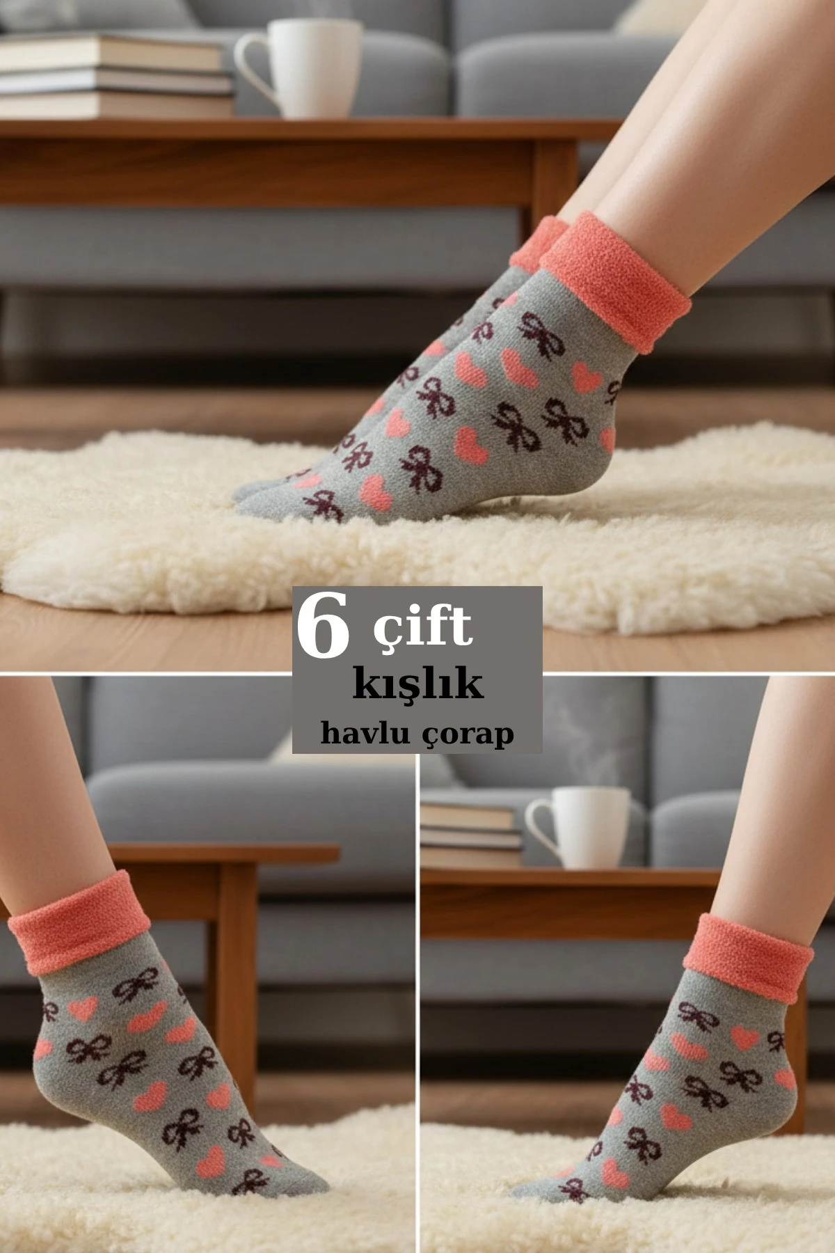 6 Adet Pembe Havlu Polar Kışlık Çorap Bilek Boy -20c Kadar Isı Koruma