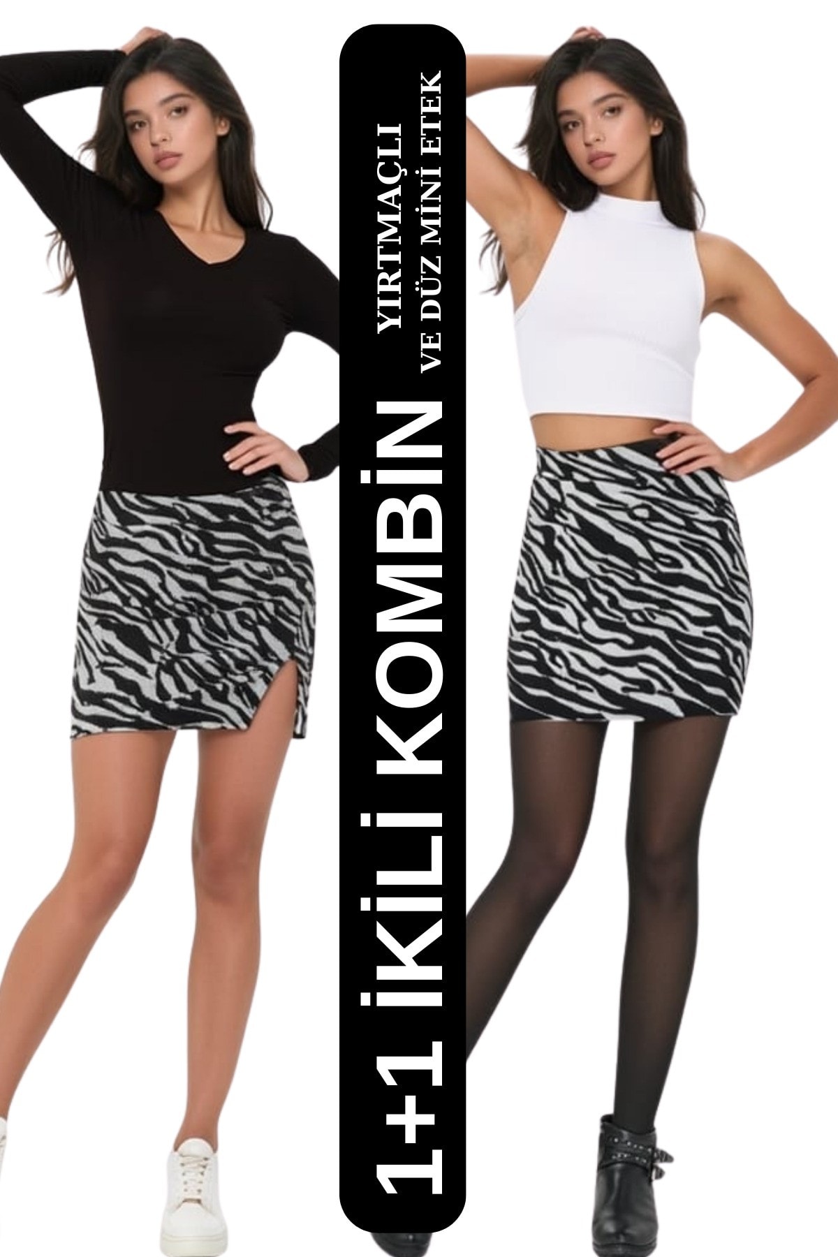 1+1 Yırtmaçlı Ve Yırtmaçsız Mini Etek - Gümüş zebra