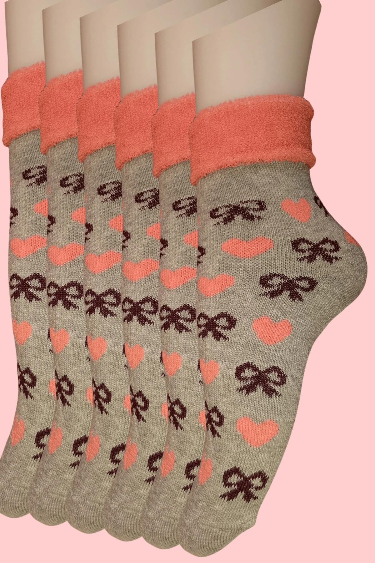 6 Adet Pembe Havlu Polar Kışlık Çorap Bilek Boy -20c Kadar Isı Koruma