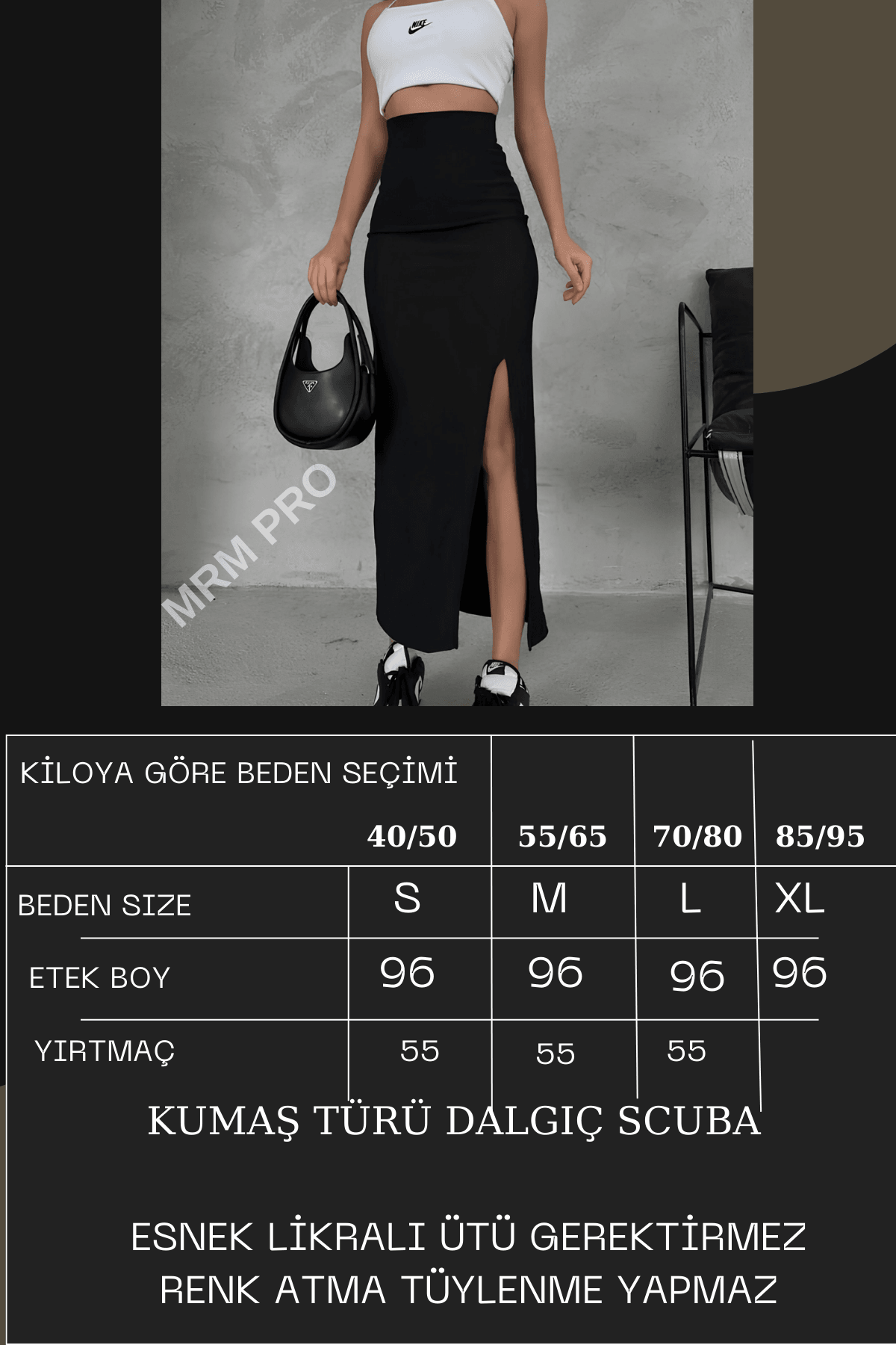 Yırtmaçlı Uzun Kalem Etek Dalgıç Kumaş Esnek Korse Kemer Boy 96cm