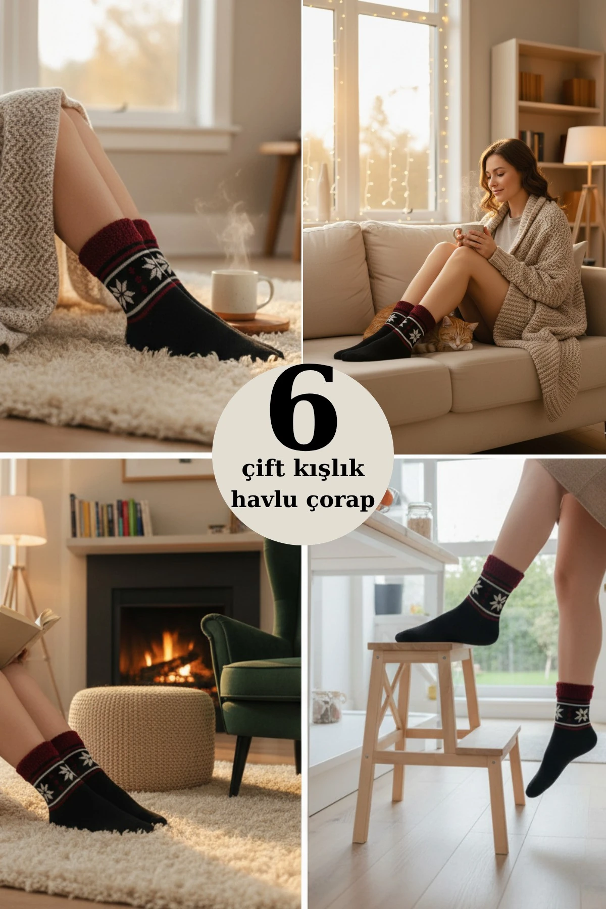 6 Adet Lacivert Havlu Polar Kışlık Çorap Bilek Boy -20c Kadar Isı Koruma