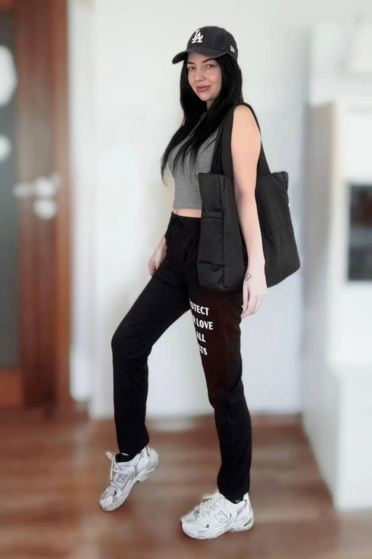 Kadın Siyah Penye Yazlık Jogger Spor Eşofman Alt Baskı Detaylı