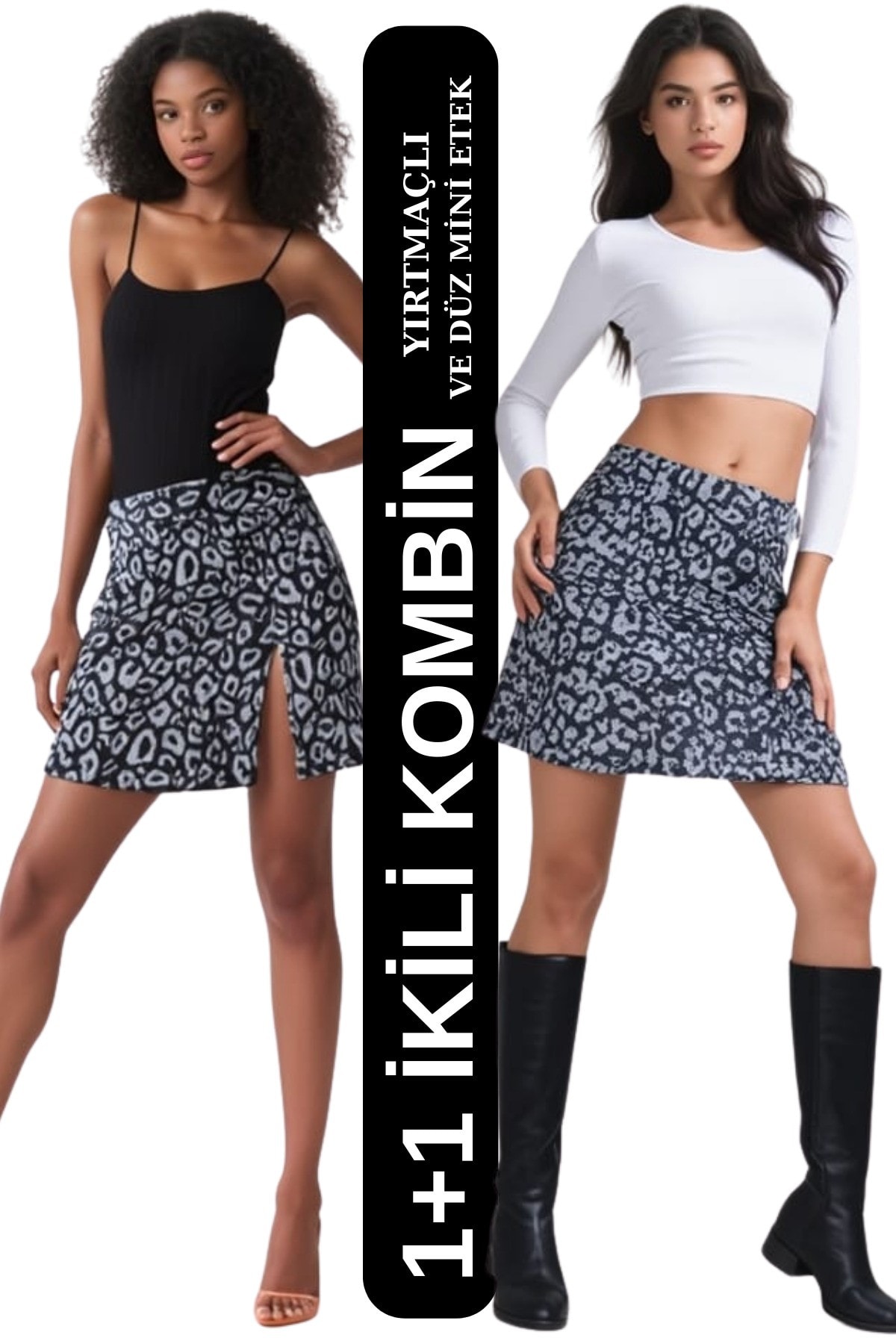 1+1 Yırtmaçlı Ve Yırtmaçsız Mini Etek - leopargri