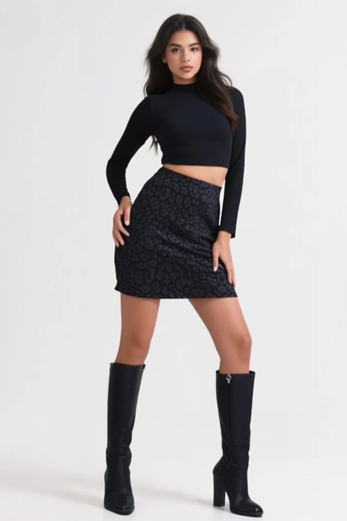 Füme Leopar Mini Etek Dar Spor Kesim Toparlayıcı Korse Kemer Bir Beden Ince Görünüm Esnek Boy45cm