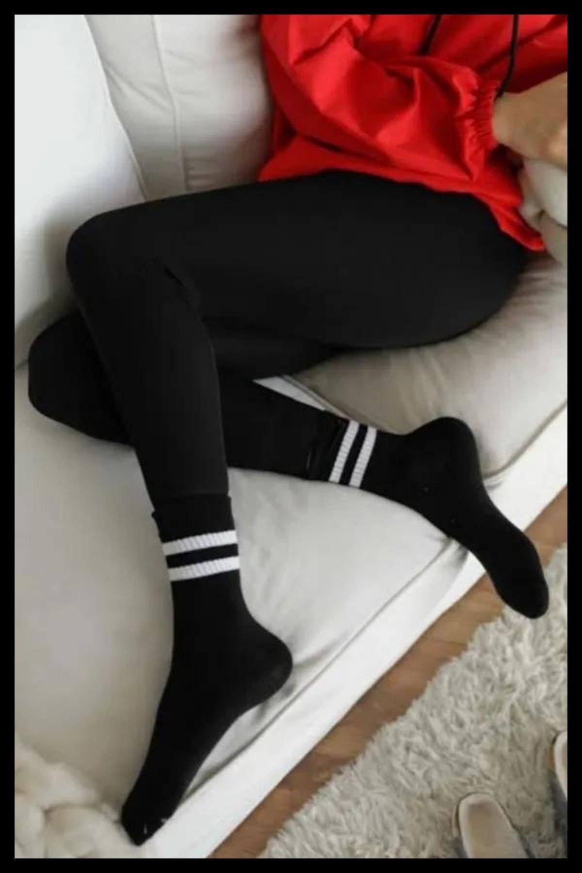 6 Lı Siyah Çorap Ünisex Kolej Tenis Spor Çizgili Çorap