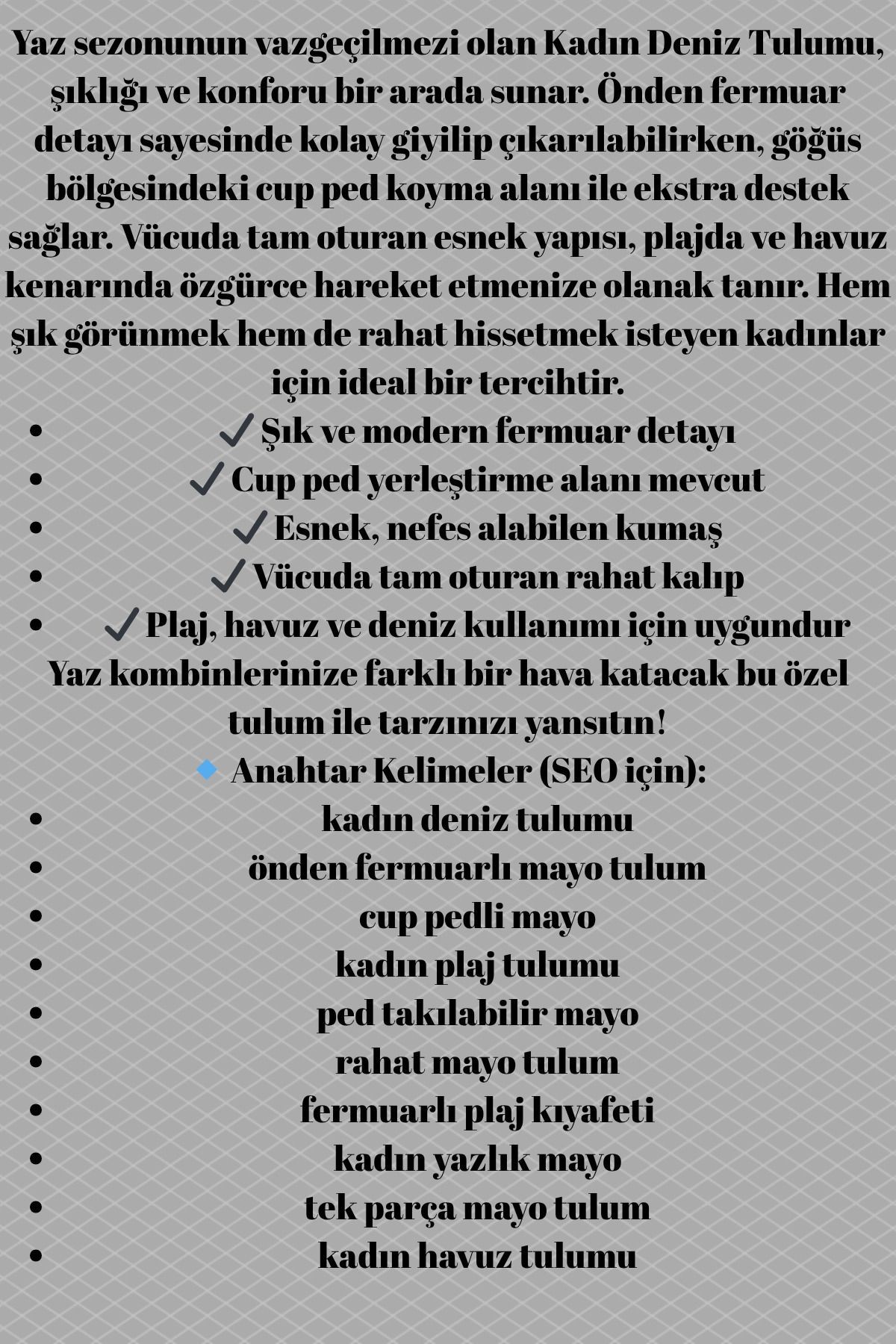 Kadın Deniz Tulumu Önden Fermuar Detaylı Cup Ped Koyma Yeri Mevcut