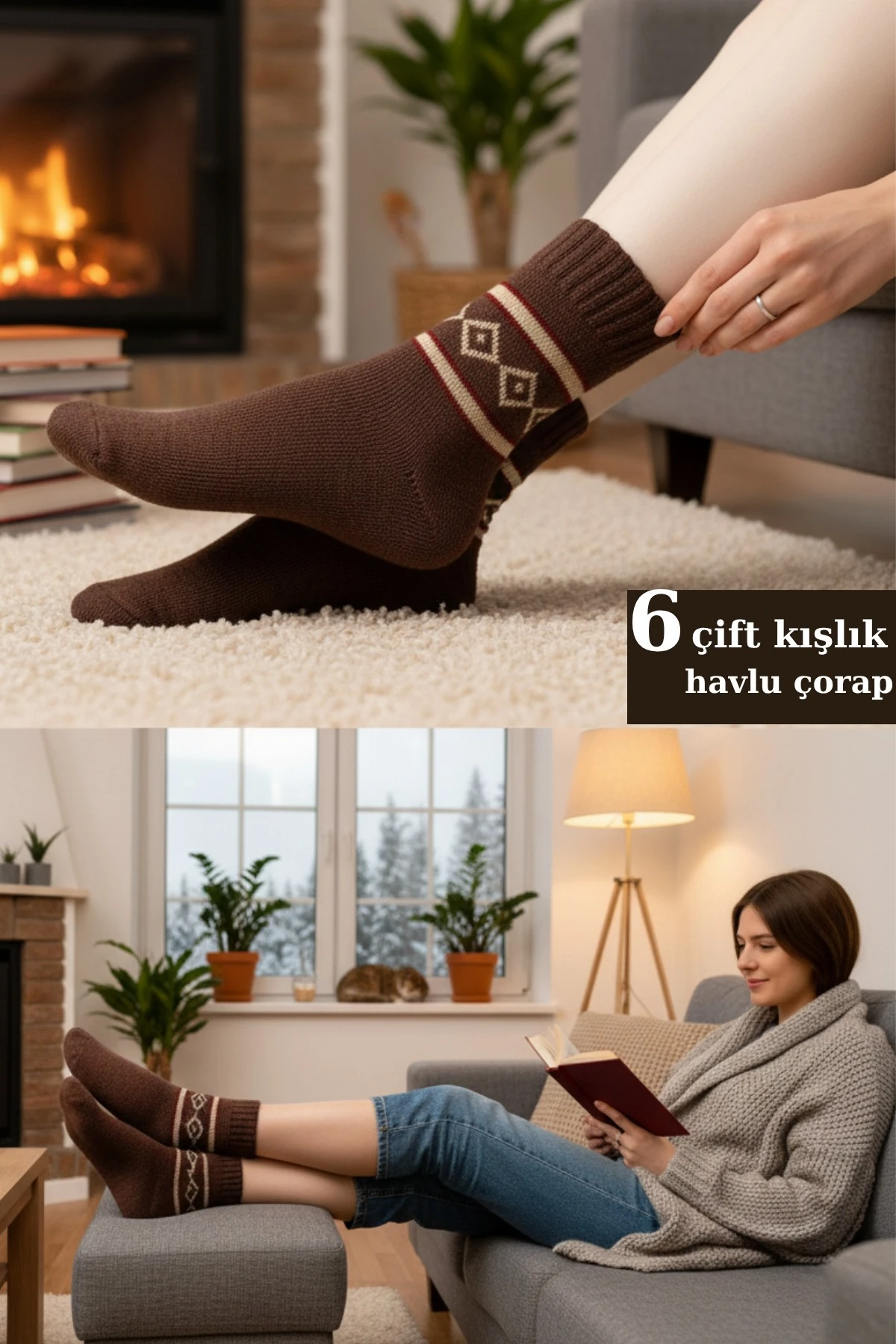 6 Adet Kahve Renk Havlu Polar Kışlık Çorap Bilek Boy -20c Kadar Isı Koruma