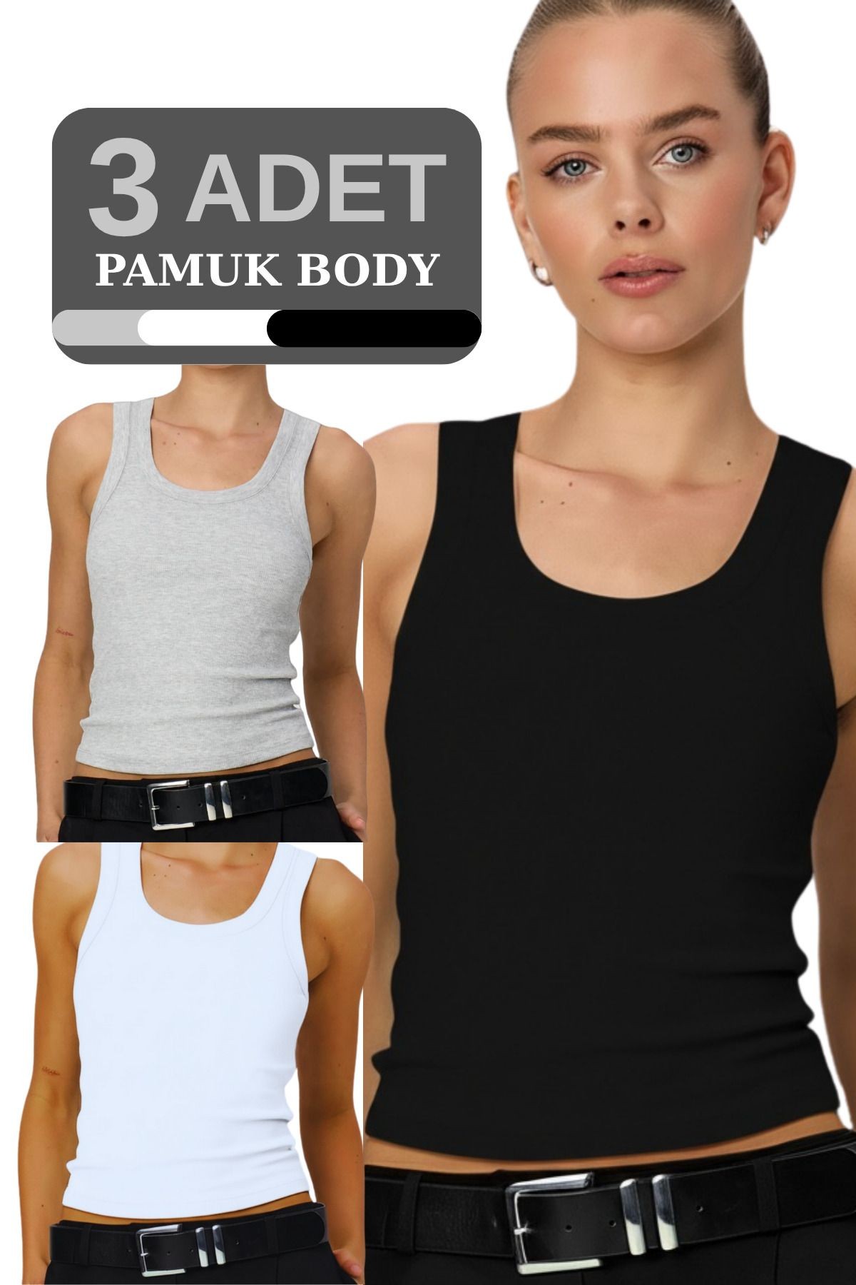 Kadın Kalın Askılı 3 Adet Body Siyah Beyaz Gri %95 Pamuk Kumaş Terletmez
