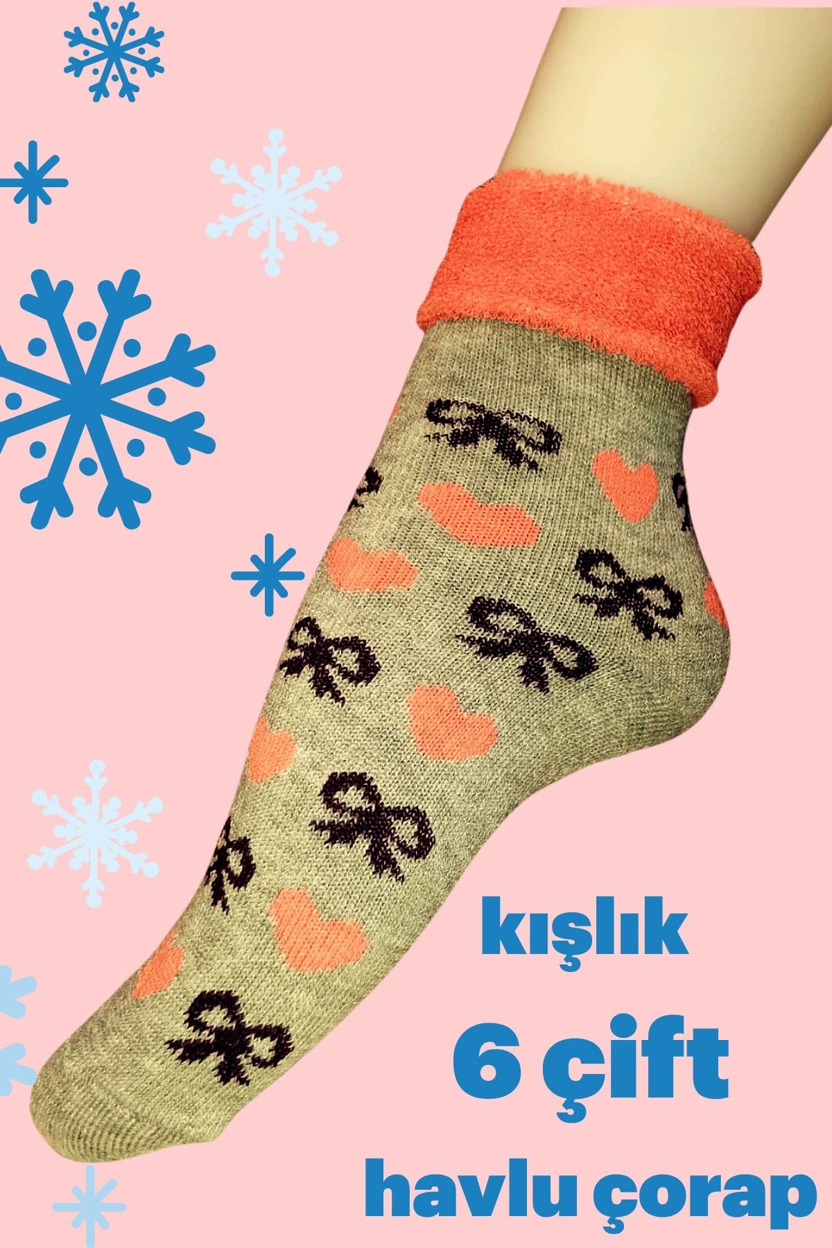 6 Adet Pembe Havlu Polar Kışlık Çorap Bilek Boy -20c Kadar Isı Koruma
