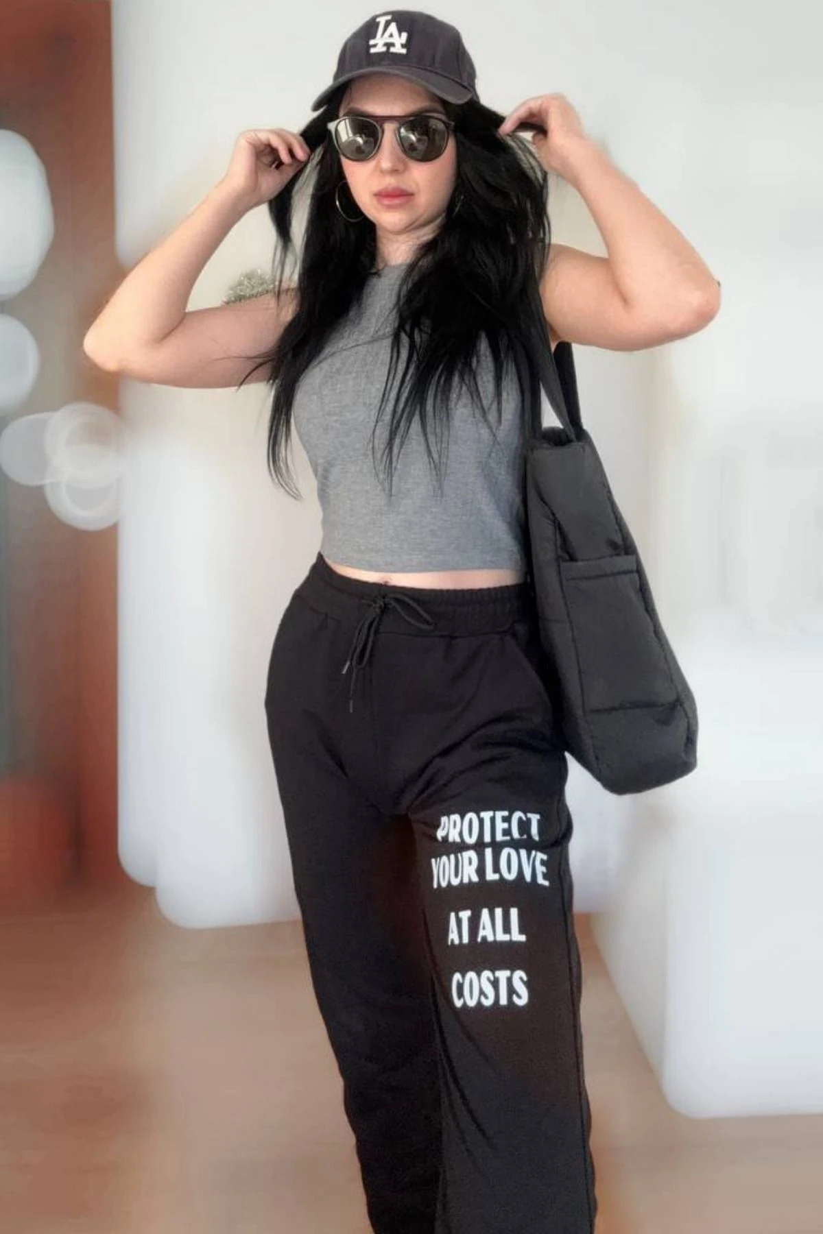 Kadın Siyah Penye Yazlık Jogger Spor Eşofman Alt Baskı Detaylı