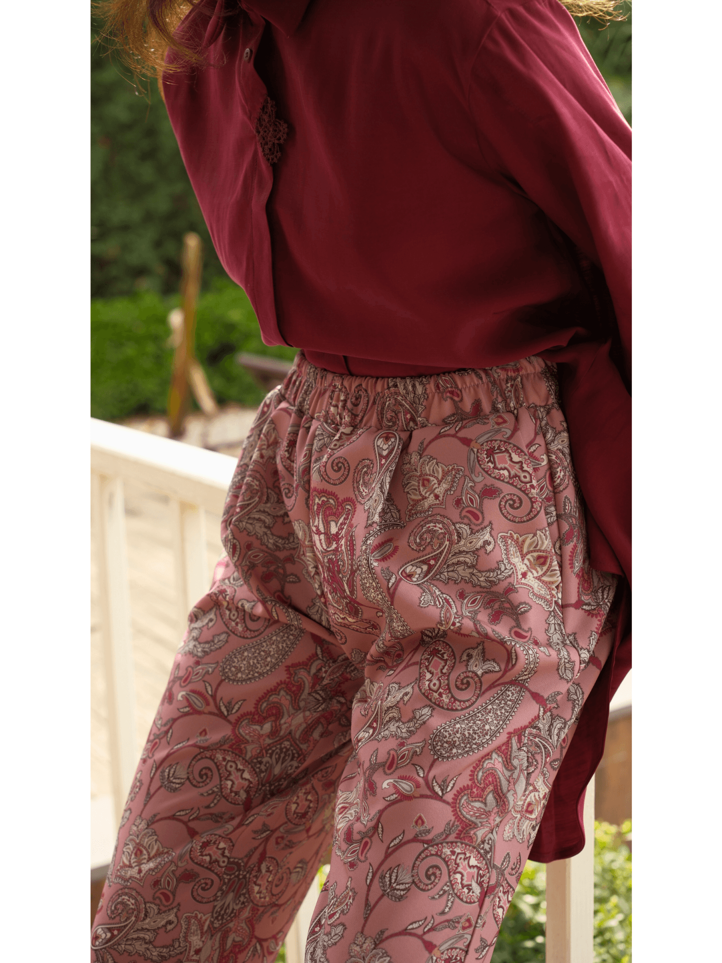Şal Desen Beli Büzgülü Pantolon Gül Kurusu
