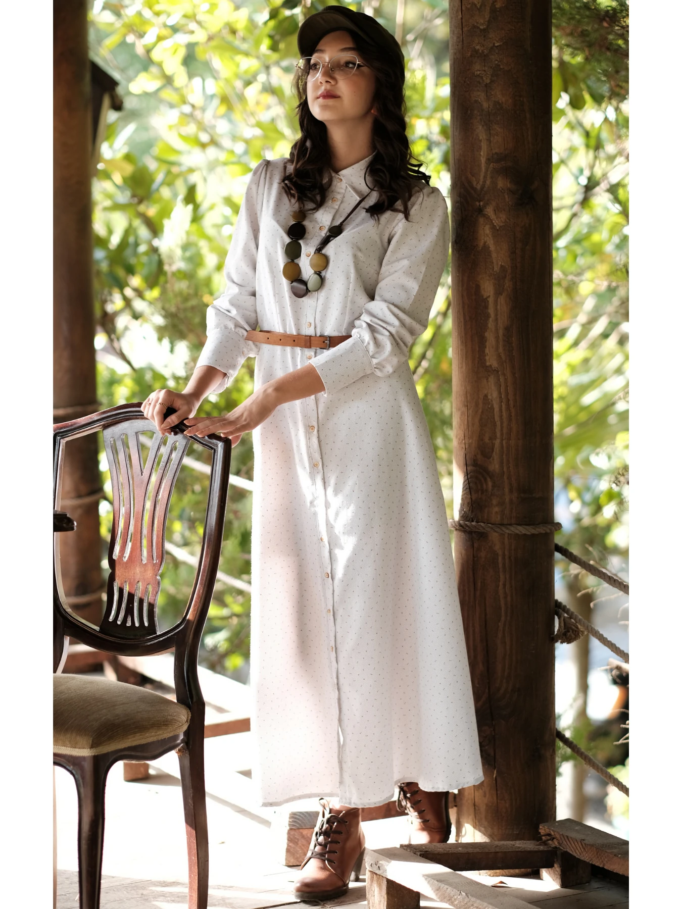 Çıtır Desen Elbise Kırık Beyaz