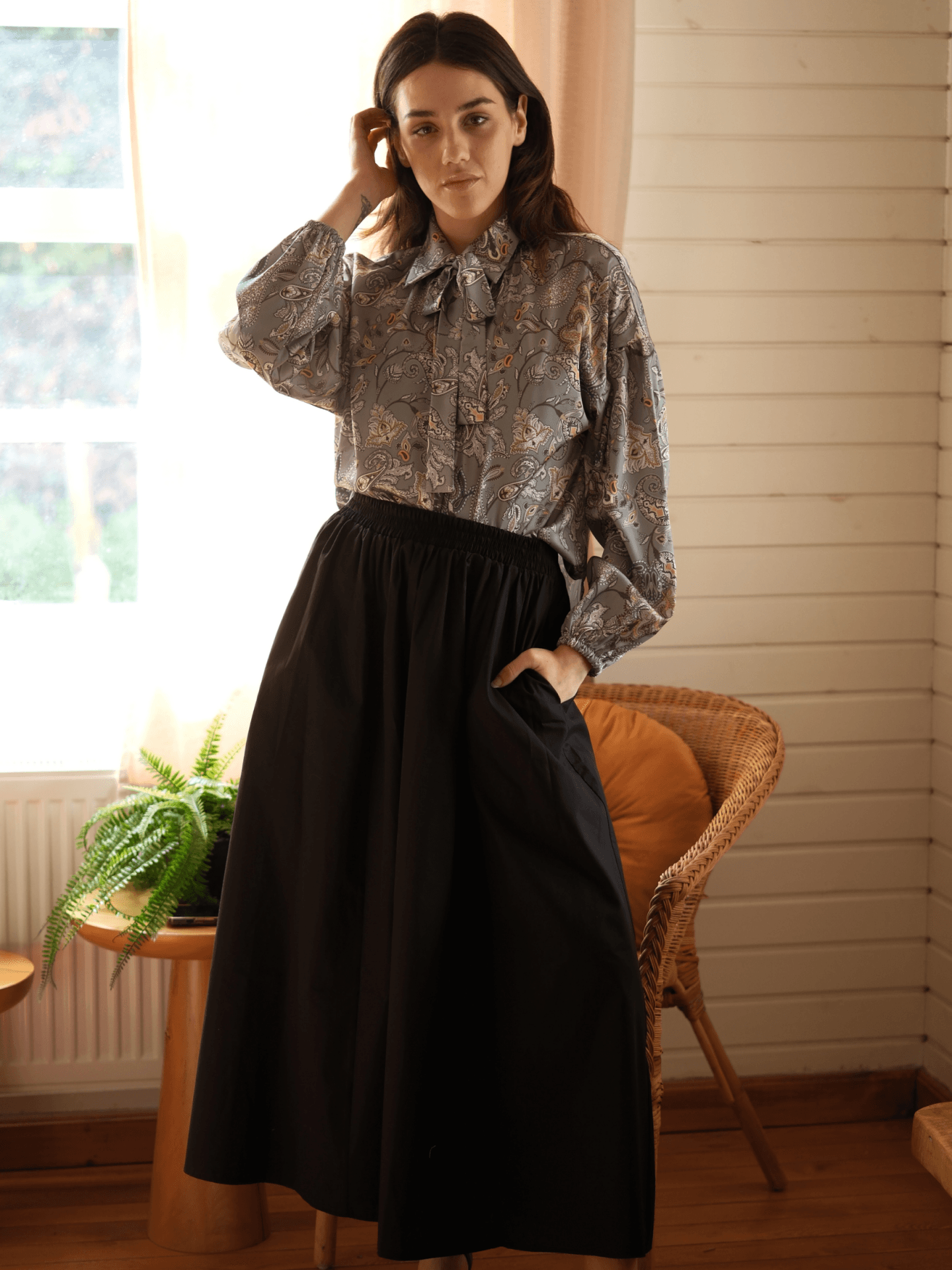 Şal Desen Saten Bluz Yeşil