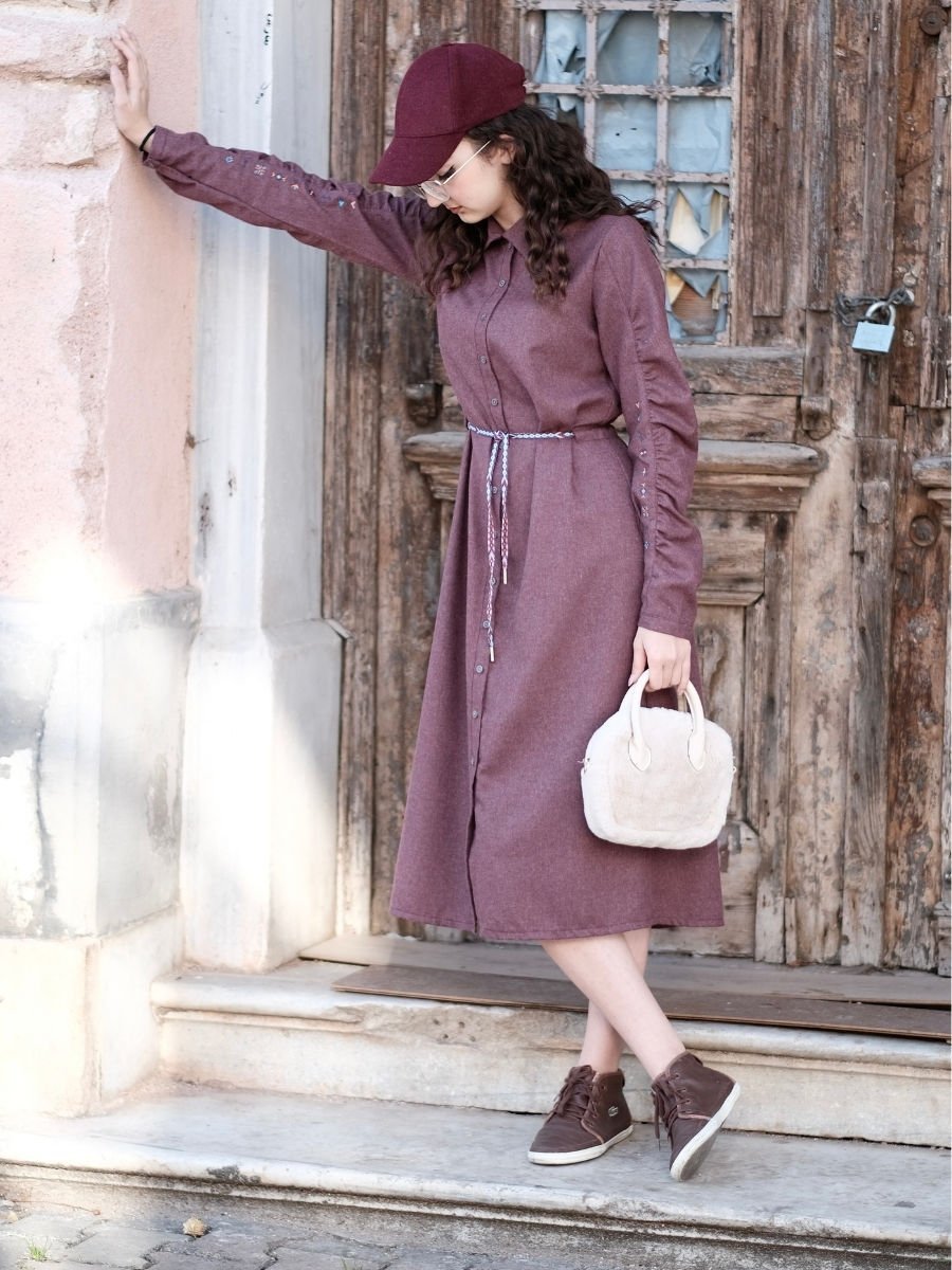 Minimal Nakışlı Tunik Bordo