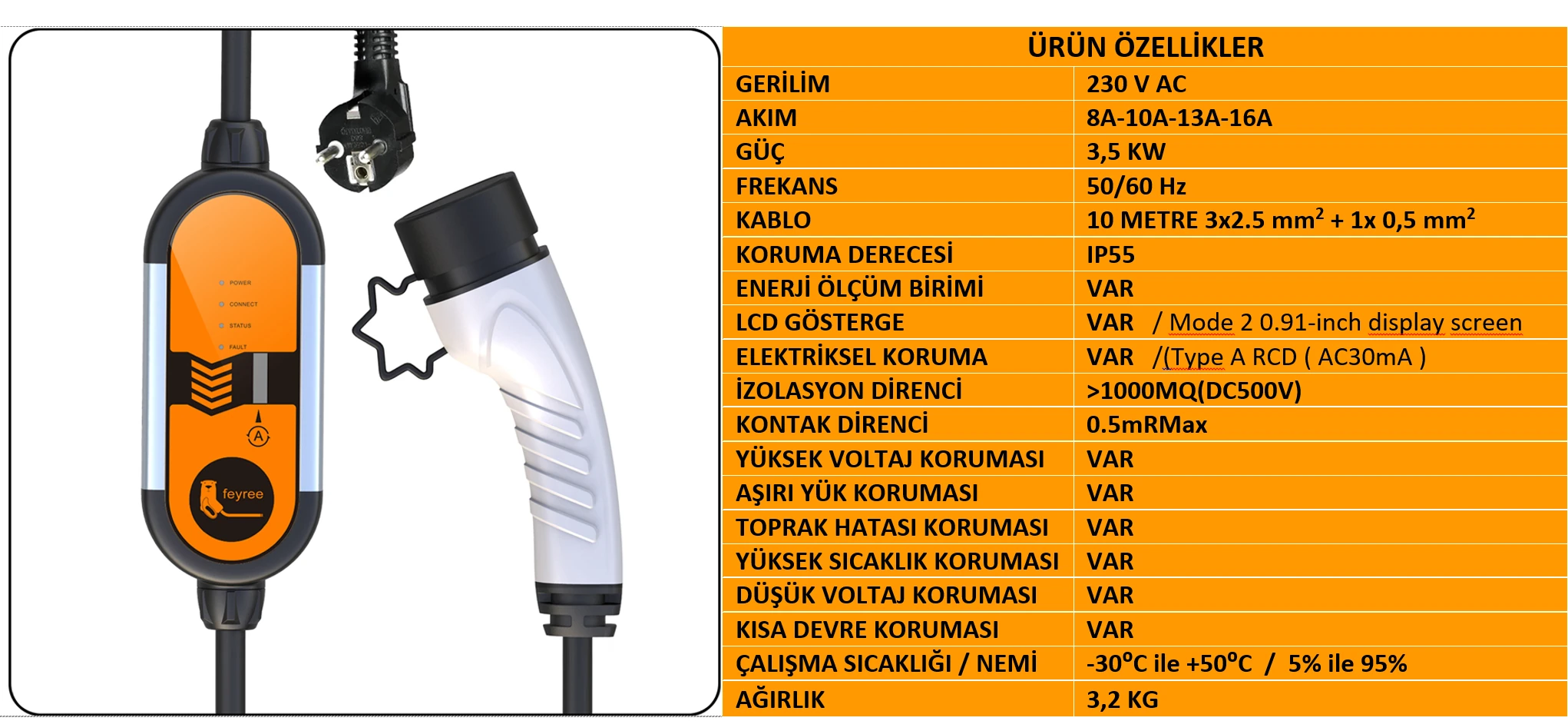 Feyree 3,5 kW 10 metre Taşınabilir Elektrikli Araç Şarj Cihazı
