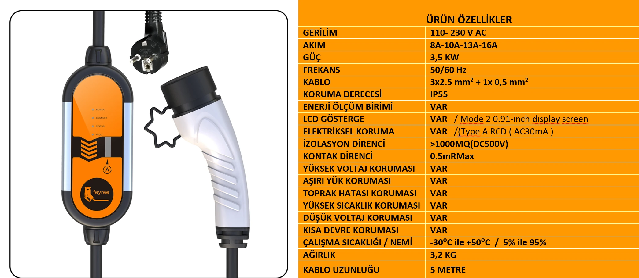 Feyree 3,5 kW 5 Metre Elektrikli Araç Şarj Cihazı