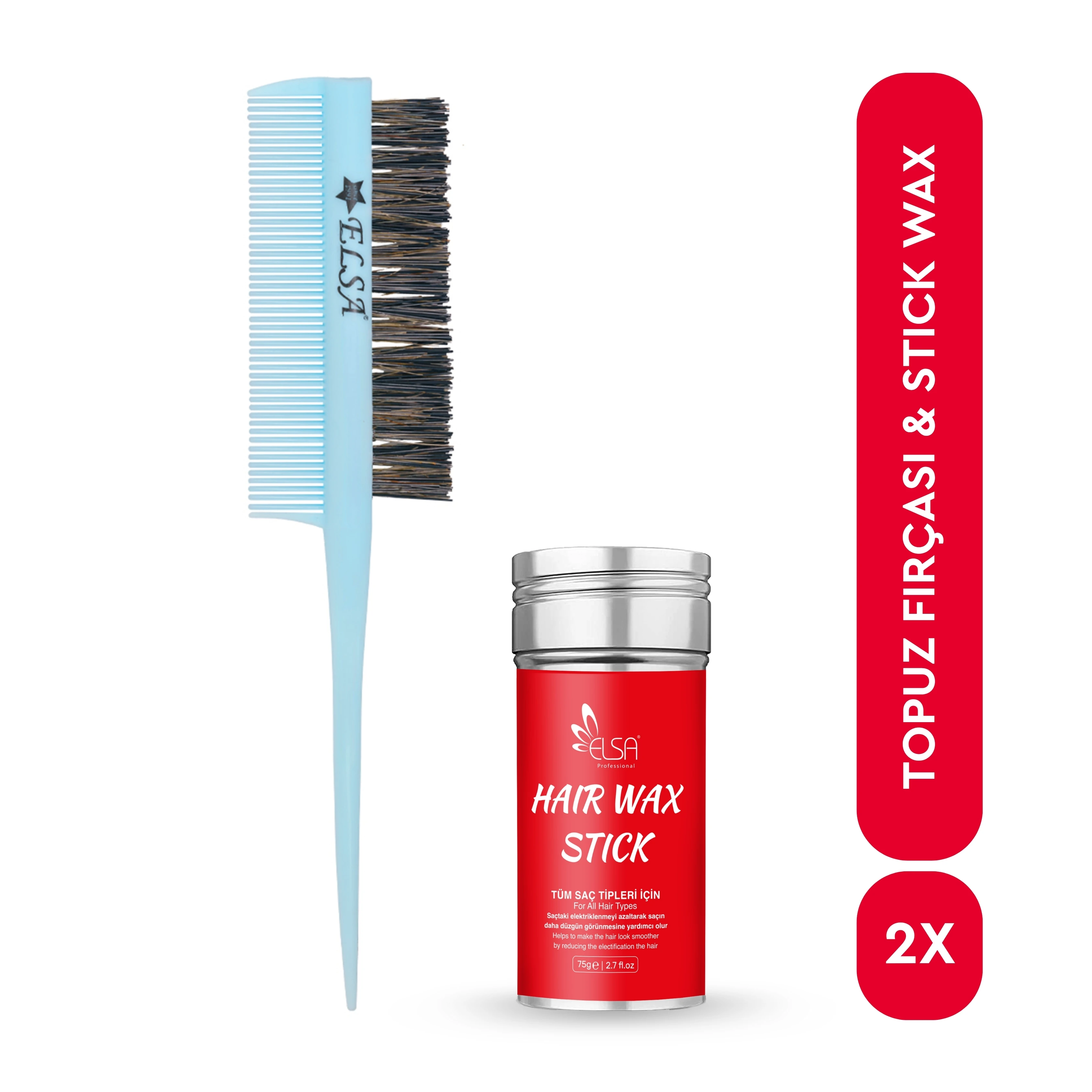 Professional Hair Wax Stick 75gr - Saç Sabitleyici ve 3 in 1 Topuz Fırçası 2'li Set