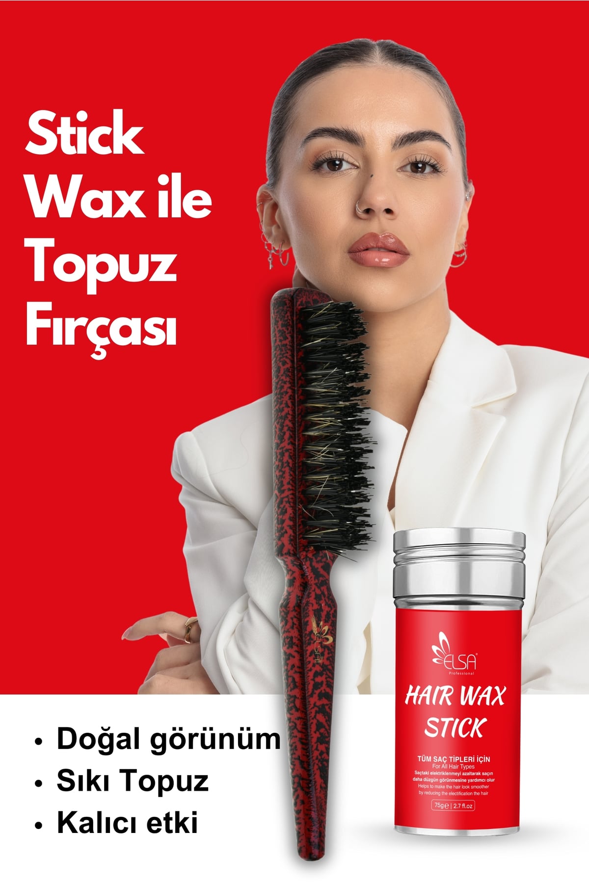 Professional Hair Wax Stick 75gr - Saç Sabitleyici ve 132 Topuz Fırçası 2'li Set
