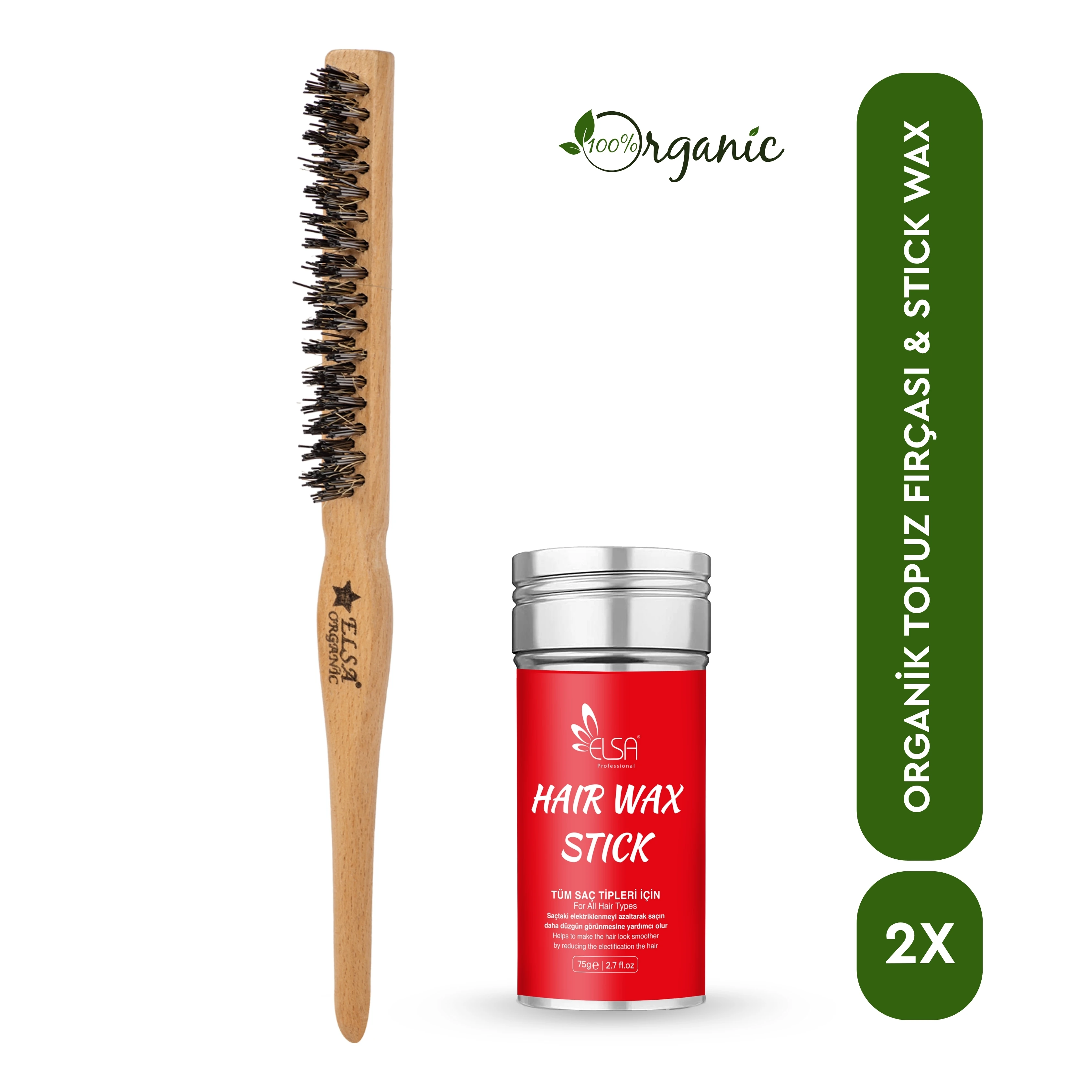 Professional Hair Wax Stick 75gr - Saç Sabitleyici ve Organik Topuz Fırçası 2'li Set