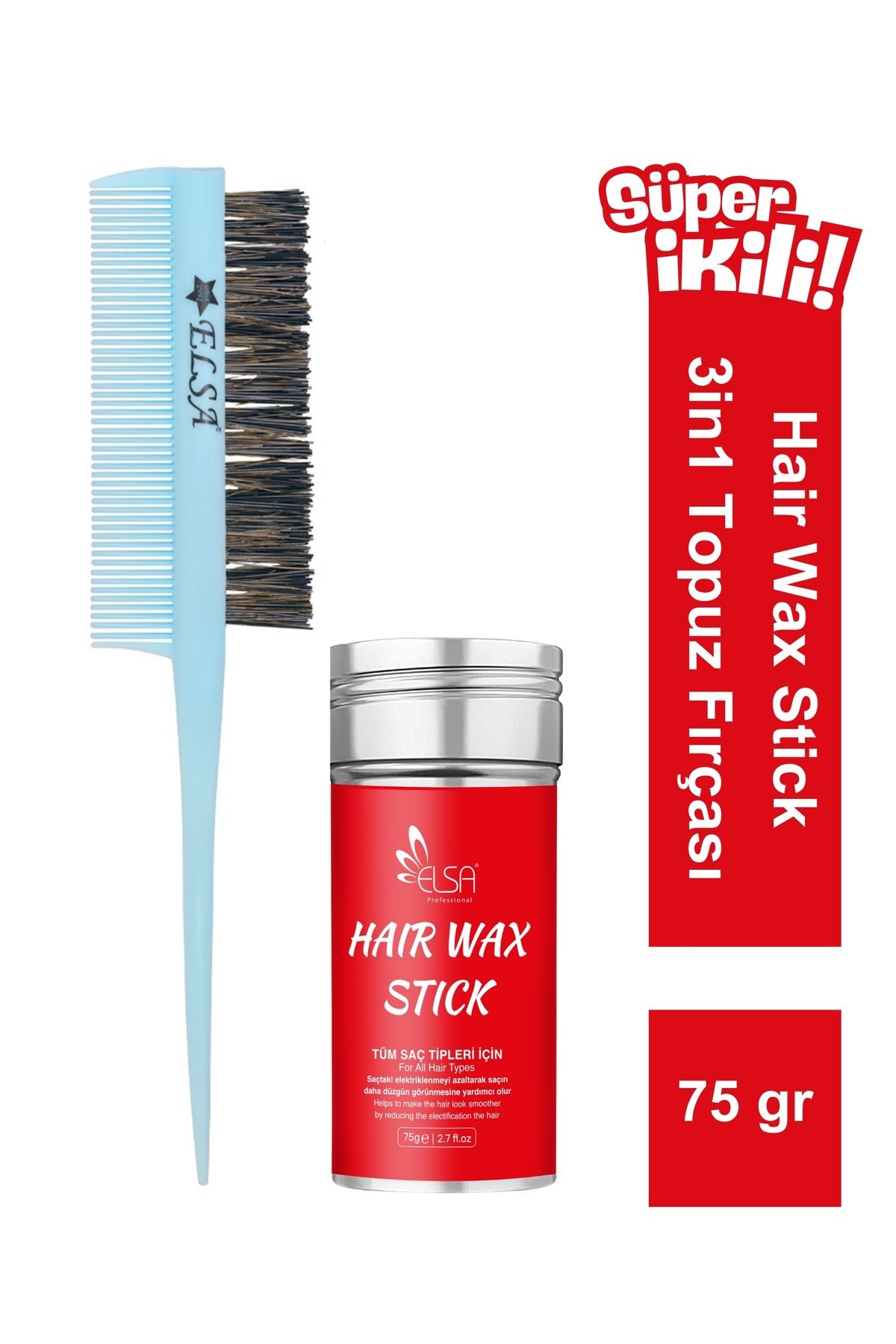 Professional Hair Wax Stick 75gr - Saç Sabitleyici ve 3 in 1 Topuz Fırçası 2'li Set image