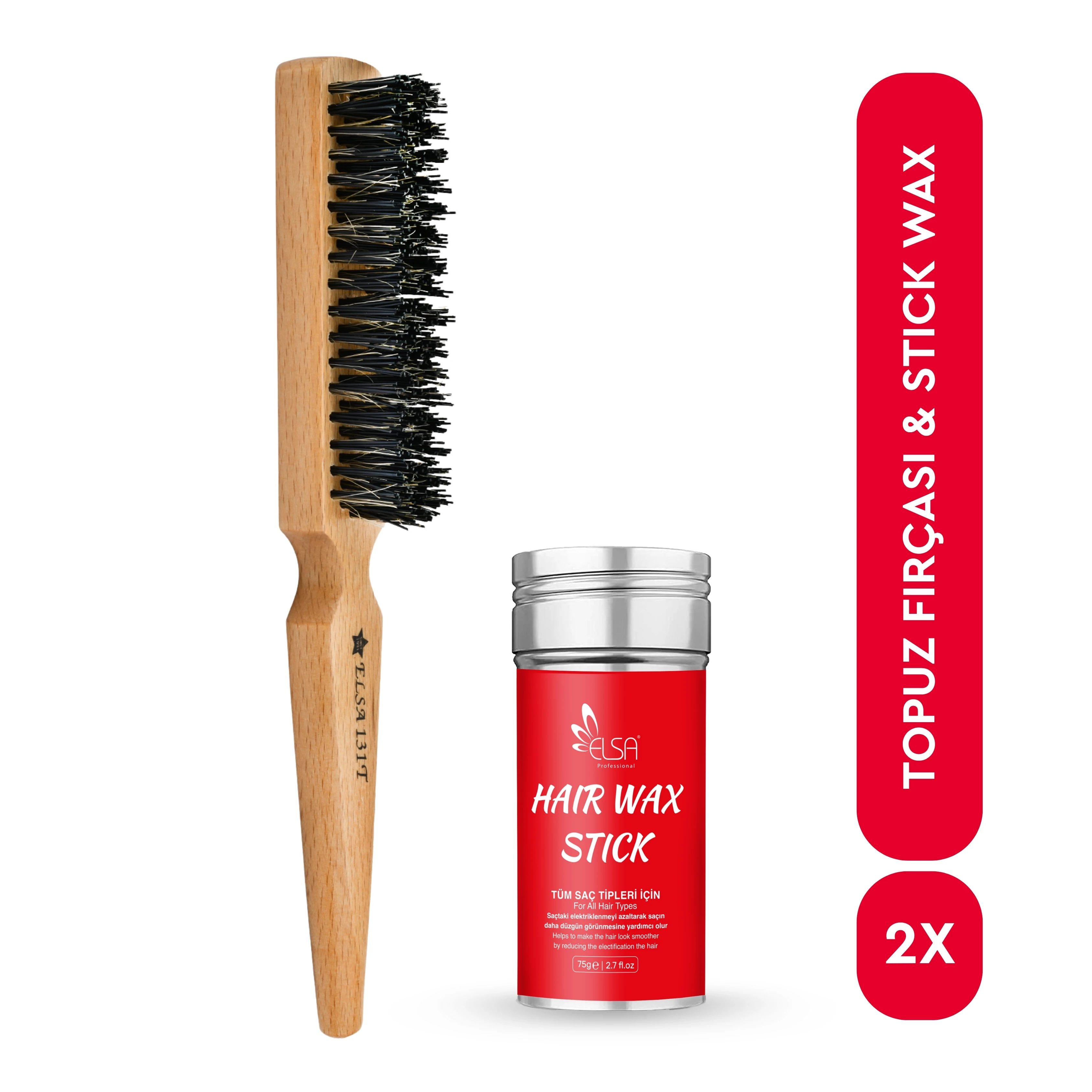 Professional Hair Wax Stick 75gr - Saç Sabitleyici ve 131 Topuz Fırçası 2'li Set
