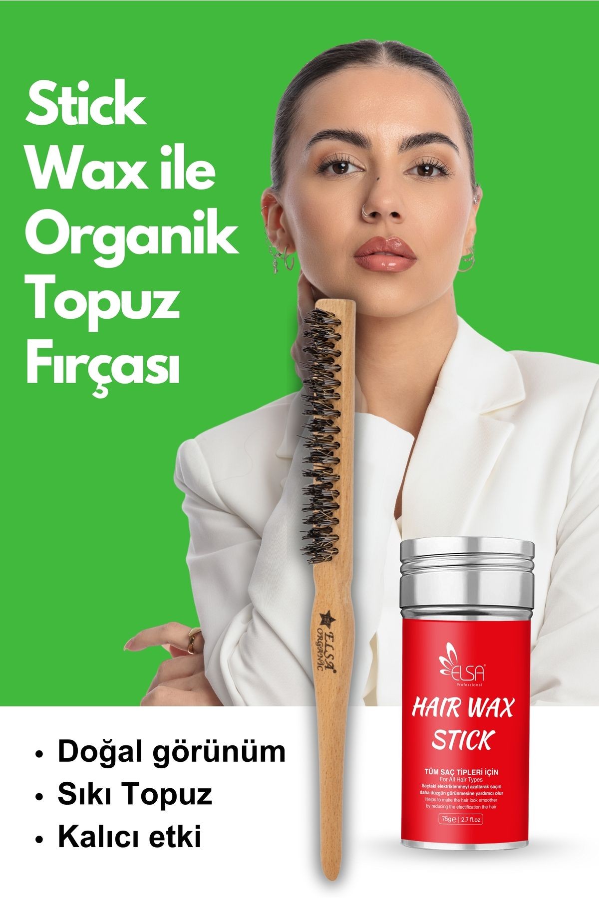 Professional Hair Wax Stick 75gr - Saç Sabitleyici ve Organik Topuz Fırçası 2'li Set