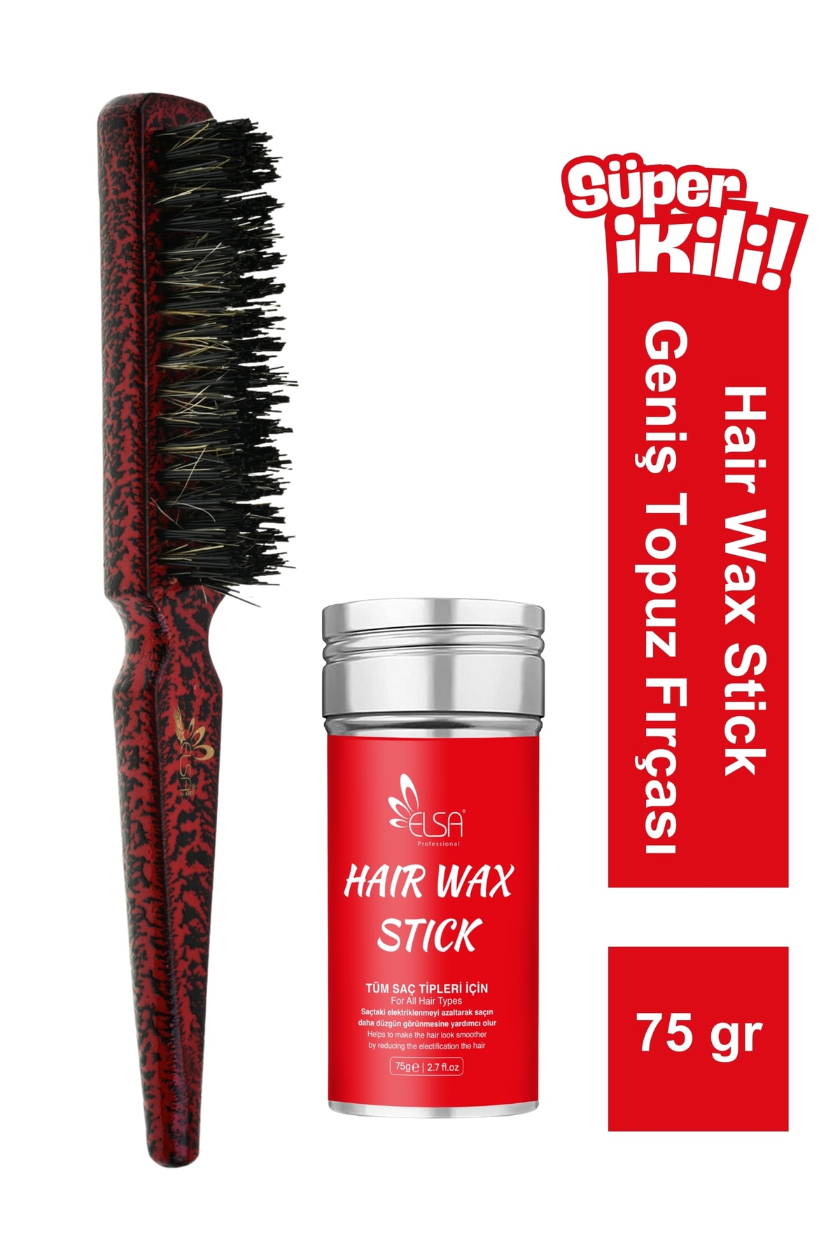 Professional Hair Wax Stick 75gr - Saç Sabitleyici ve 132 Topuz Fırçası 2'li Set
