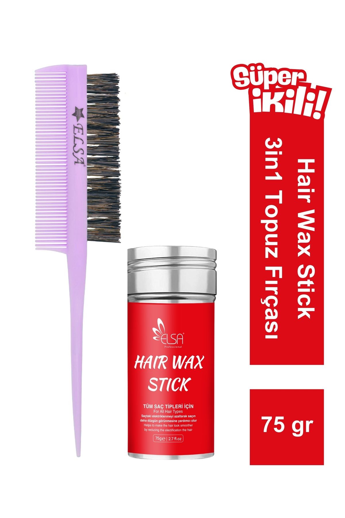 Professional Hair Wax Stick 75gr - Saç Sabitleyici ve 3 in 1 Topuz Fırçası 2'li Set image