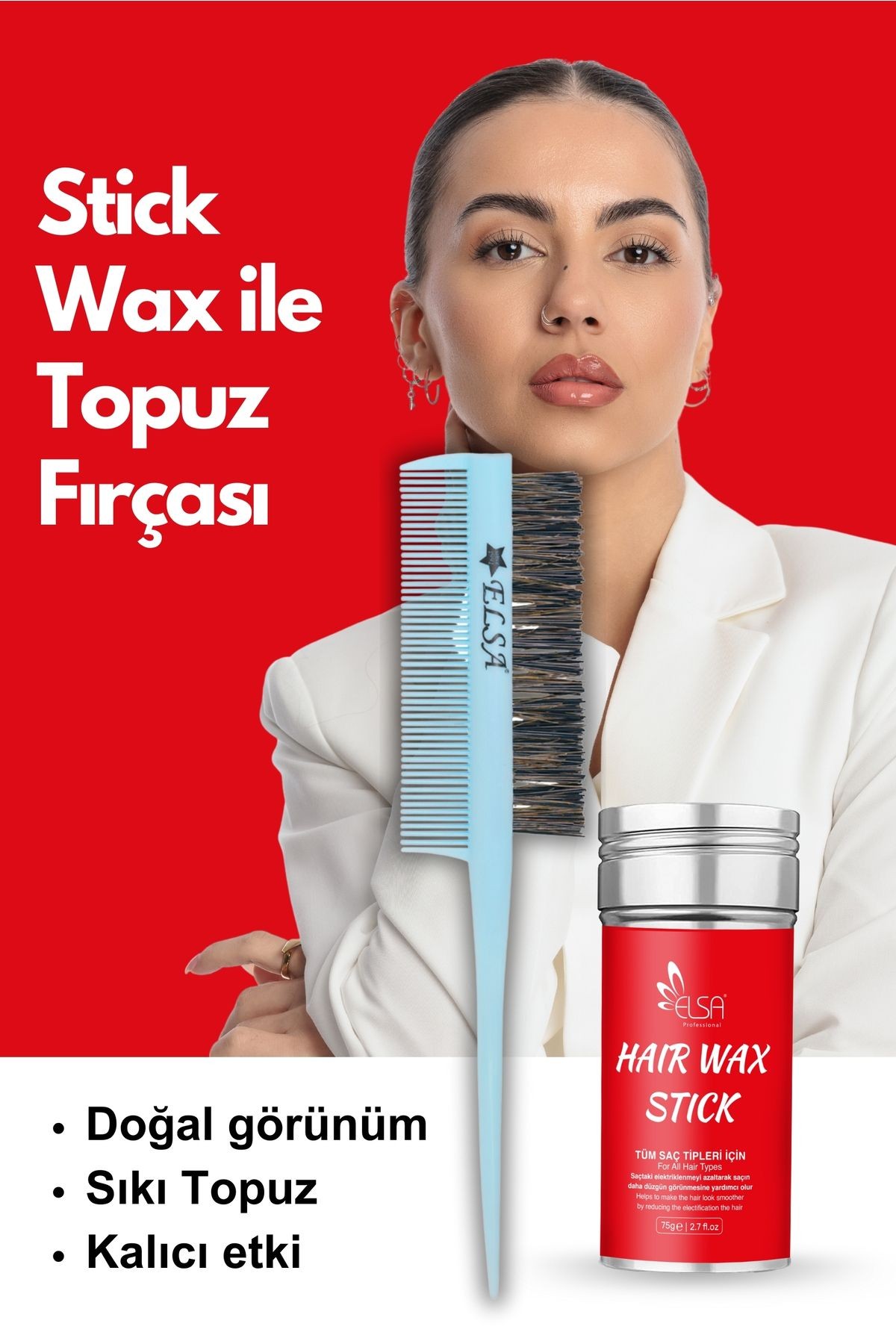 Professional Hair Wax Stick 75gr - Saç Sabitleyici ve 3 in 1 Topuz Fırçası 2'li Set