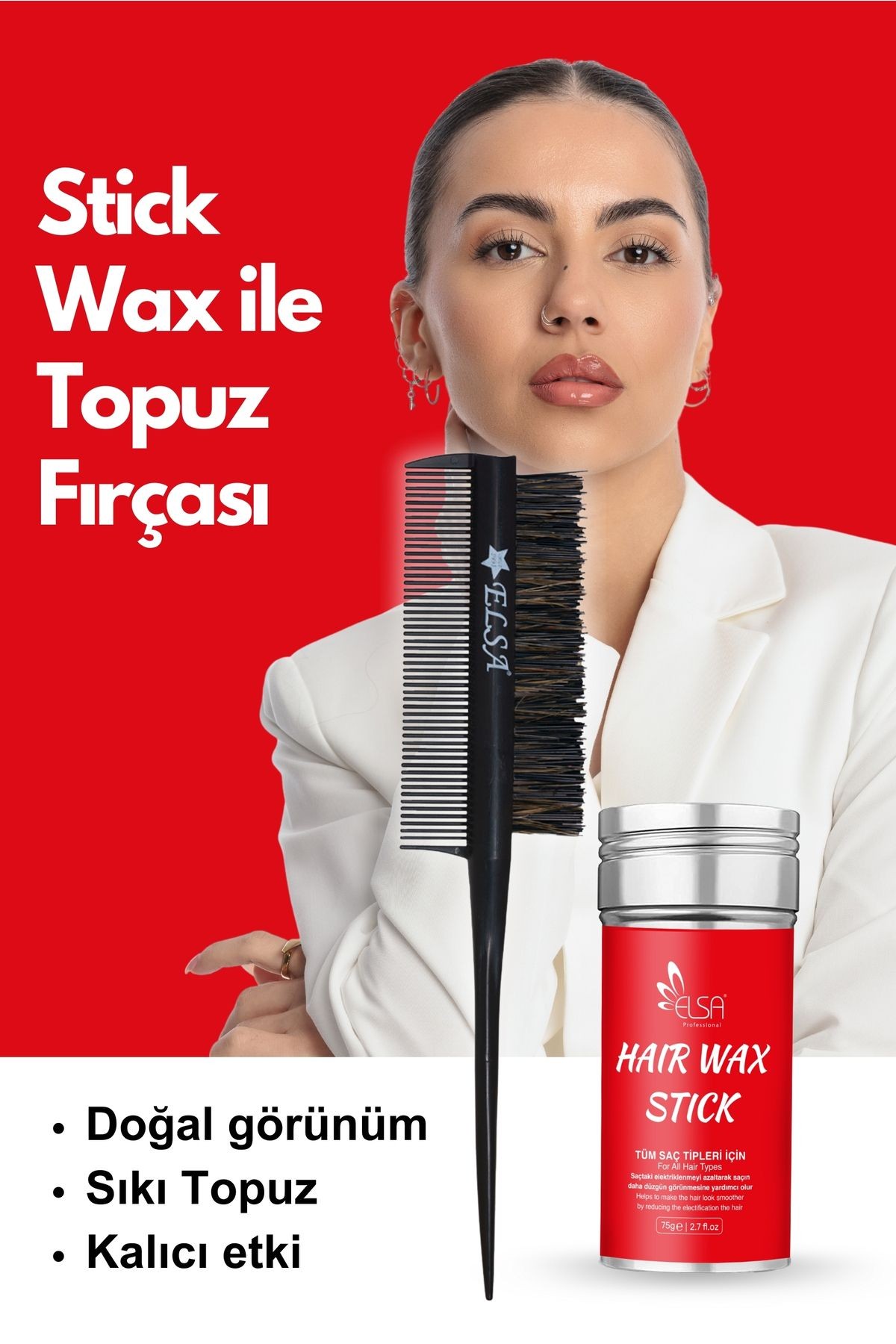 Professional Hair Wax Stick 75gr - Saç Sabitleyici ve 3 in 1 Topuz Fırçası 2'li Set