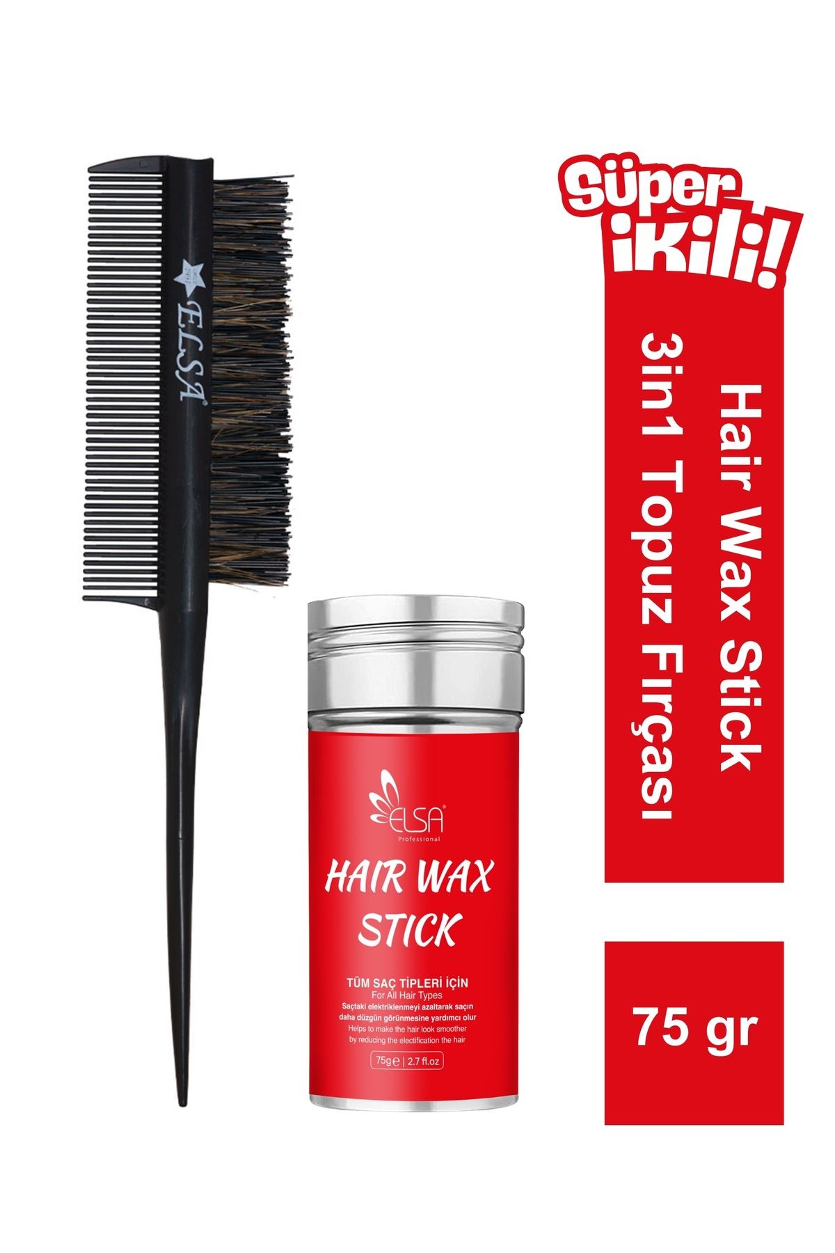 Professional Hair Wax Stick 75gr - Saç Sabitleyici ve 3 in 1 Topuz Fırçası 2'li Set image