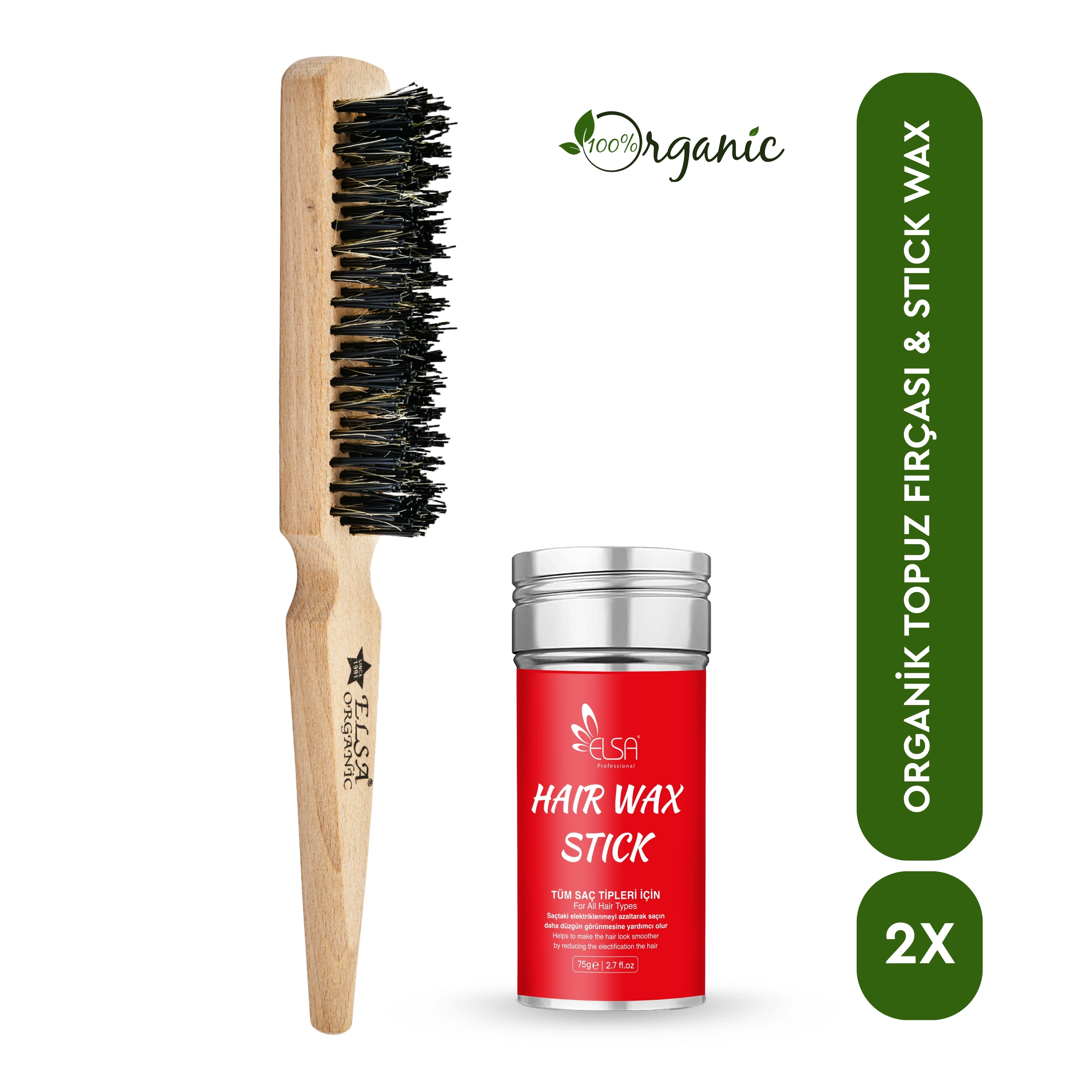 Professional Hair Wax Stick 75gr - Saç Sabitleyici ve 131 Organik Topuz Fırçası 2'li Set