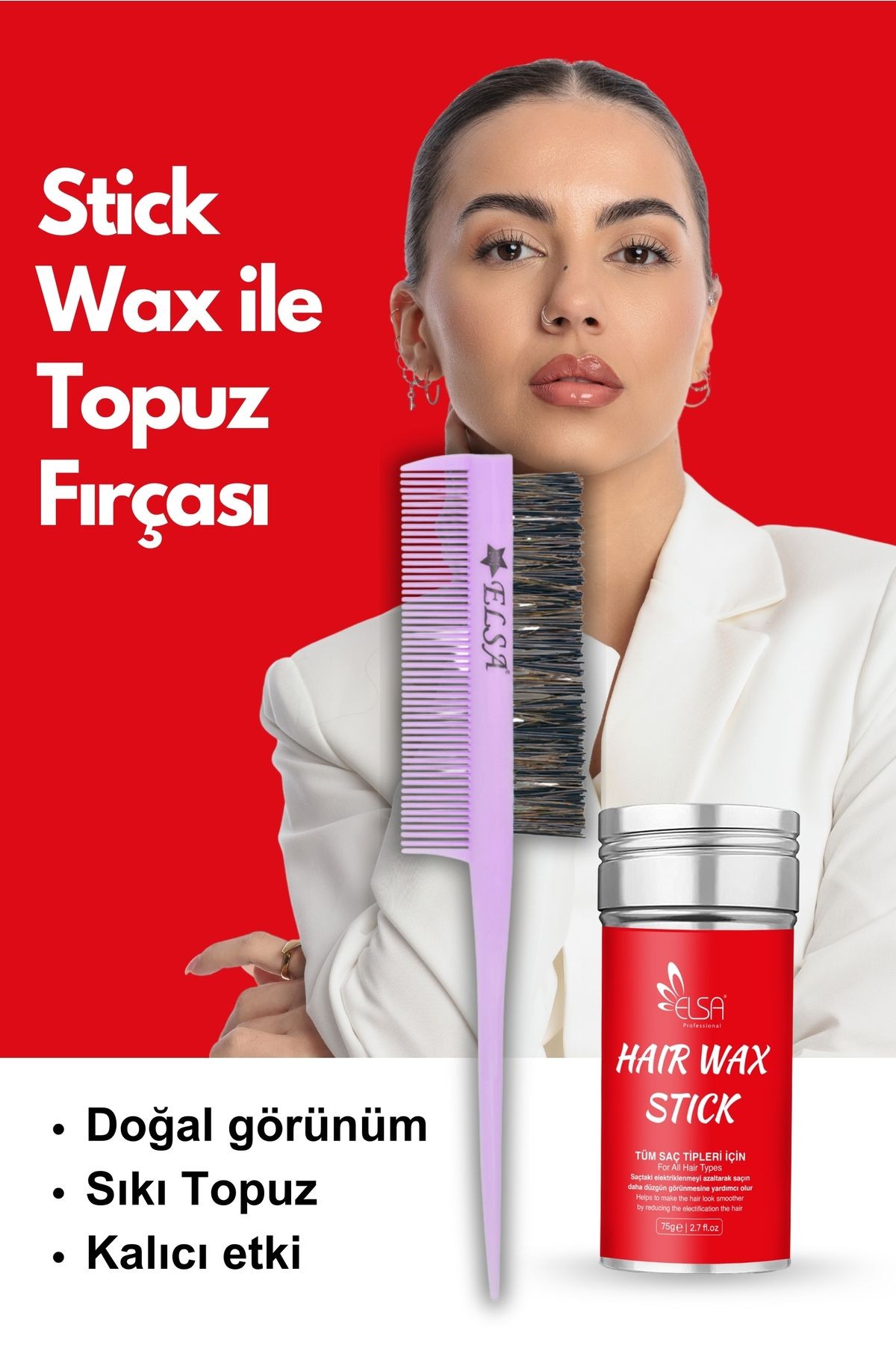 Professional Hair Wax Stick 75gr - Saç Sabitleyici ve 3 in 1 Topuz Fırçası 2'li Set