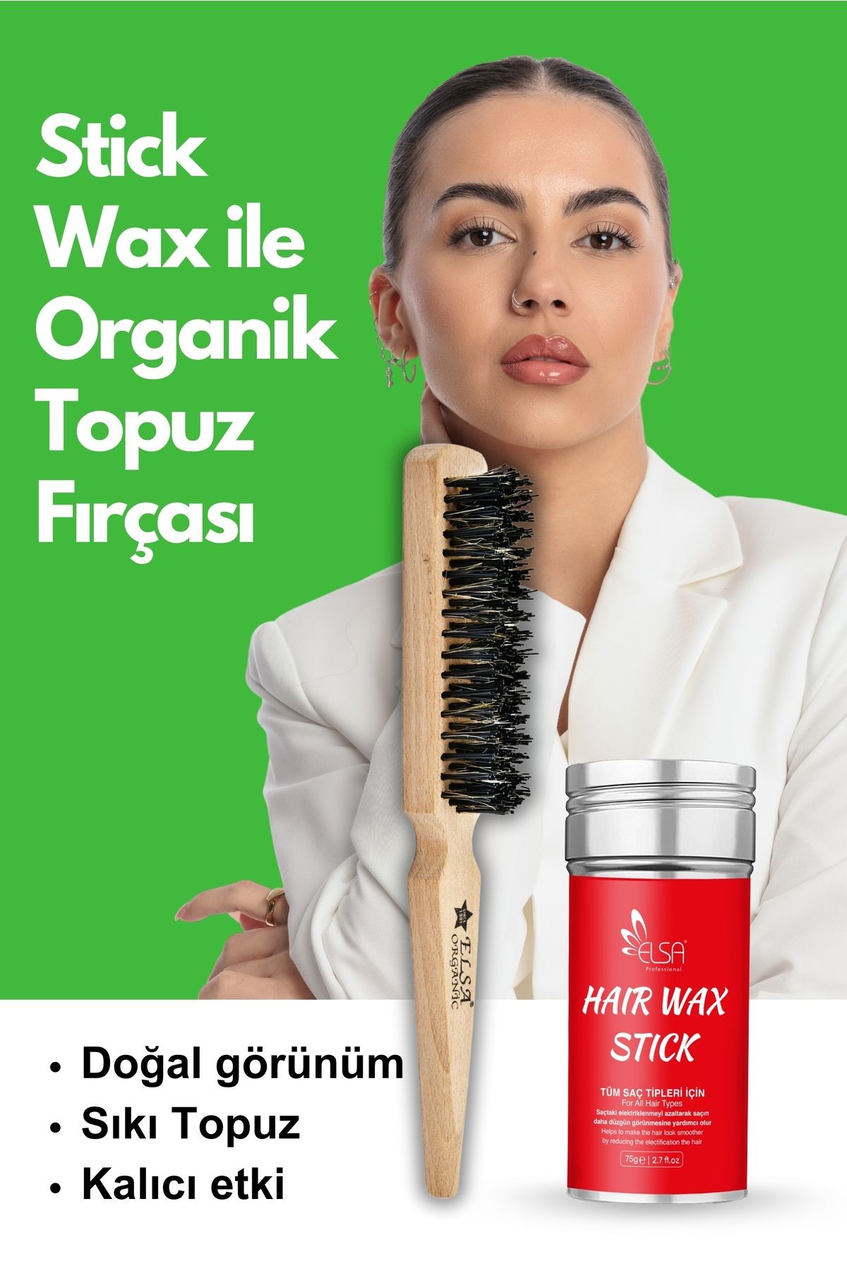 Professional Hair Wax Stick 75gr - Saç Sabitleyici ve 131 Organik Topuz Fırçası 2'li Set