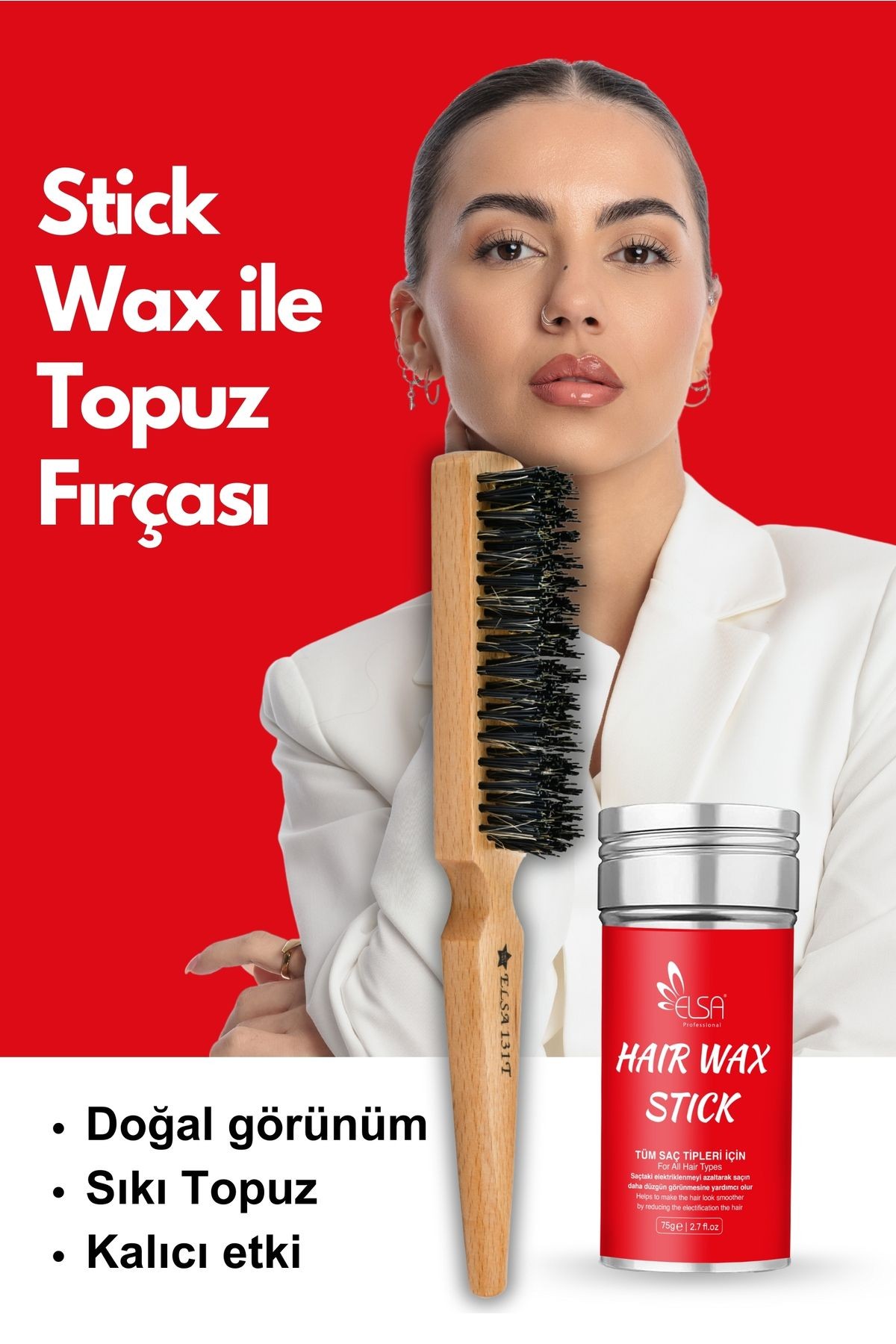 Professional Hair Wax Stick 75gr - Saç Sabitleyici ve 131 Topuz Fırçası 2'li Set