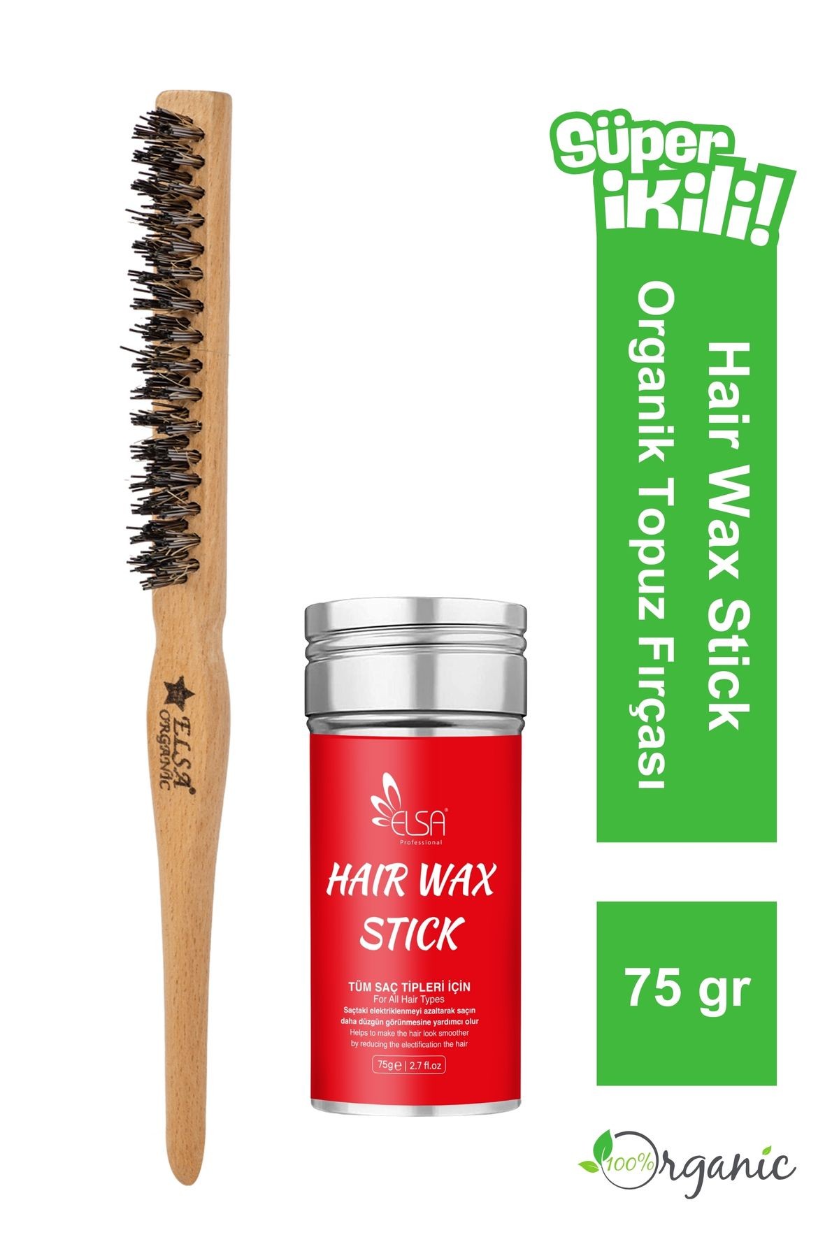 Professional Hair Wax Stick 75gr - Saç Sabitleyici ve Organik Topuz Fırçası 2'li Set image