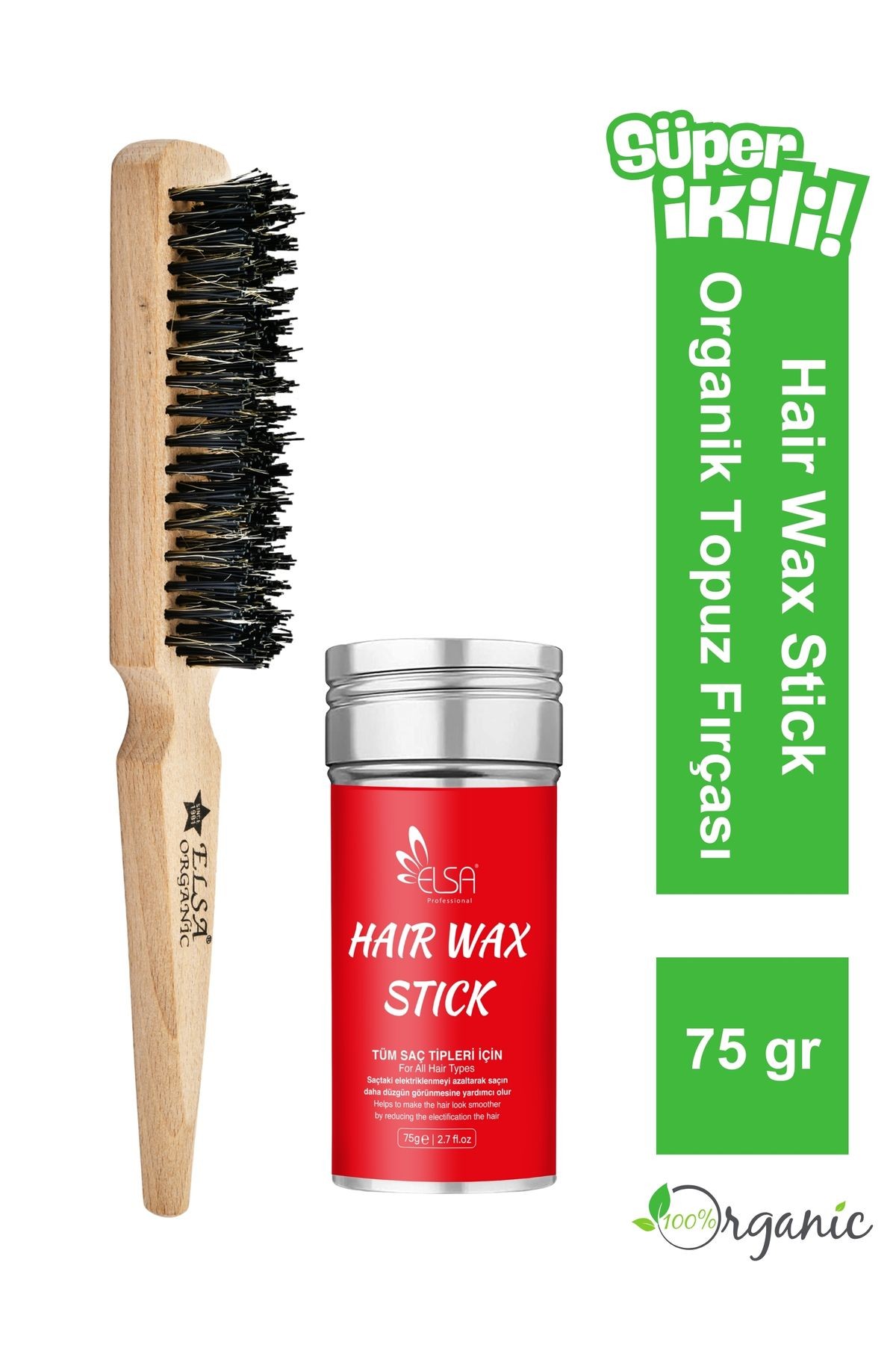 Professional Hair Wax Stick 75gr - Saç Sabitleyici ve 131 Organik Topuz Fırçası 2'li Set image