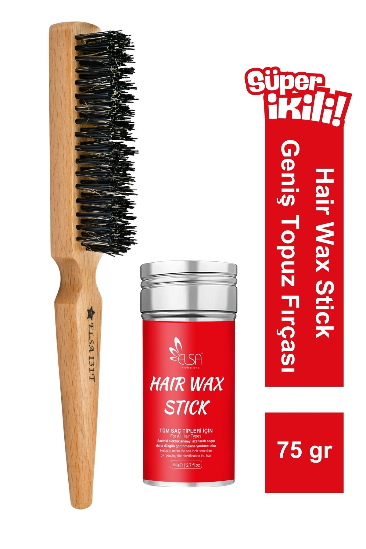 Professional Hair Wax Stick 75gr - Saç Sabitleyici ve 131 Topuz Fırçası 2'li Set image