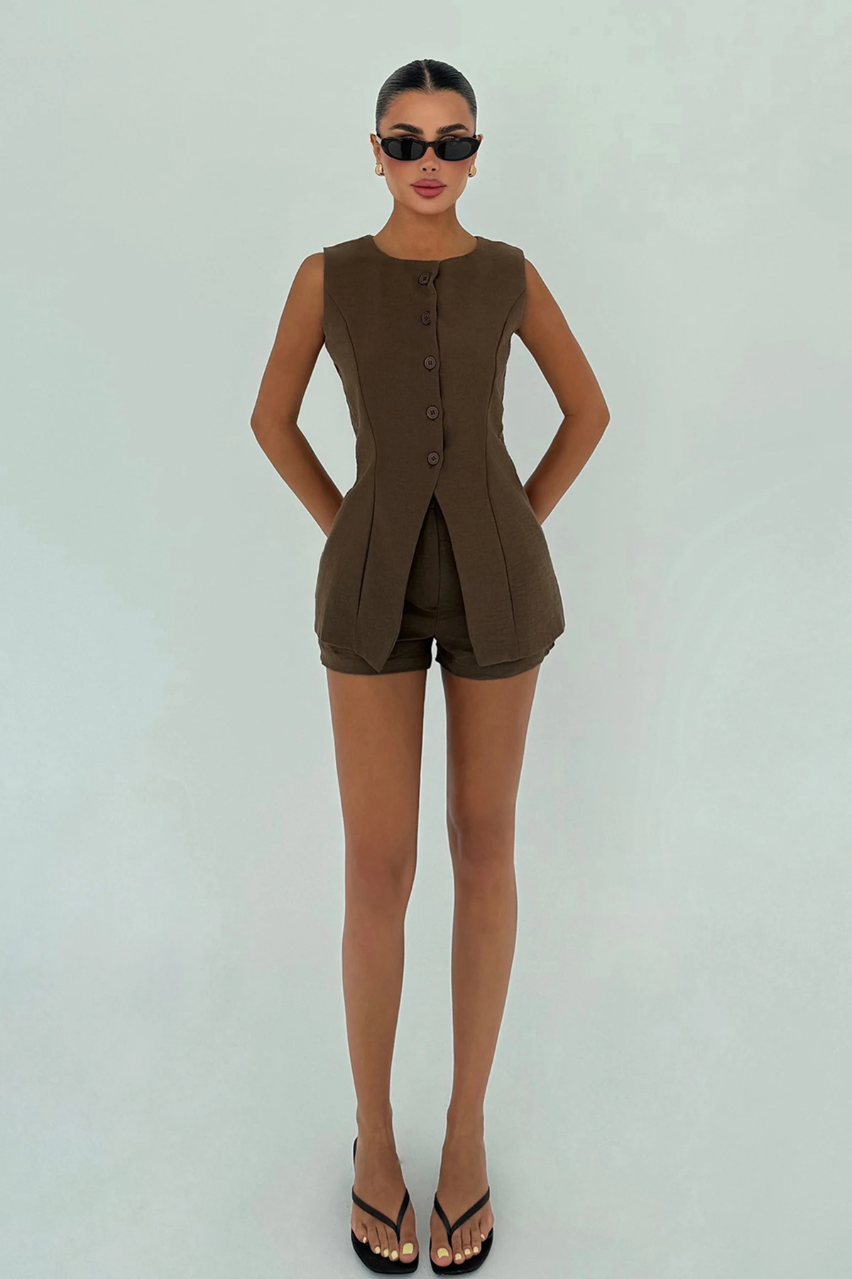 Kahverengi Loutra Mini Şortlu Takım ATE-3004