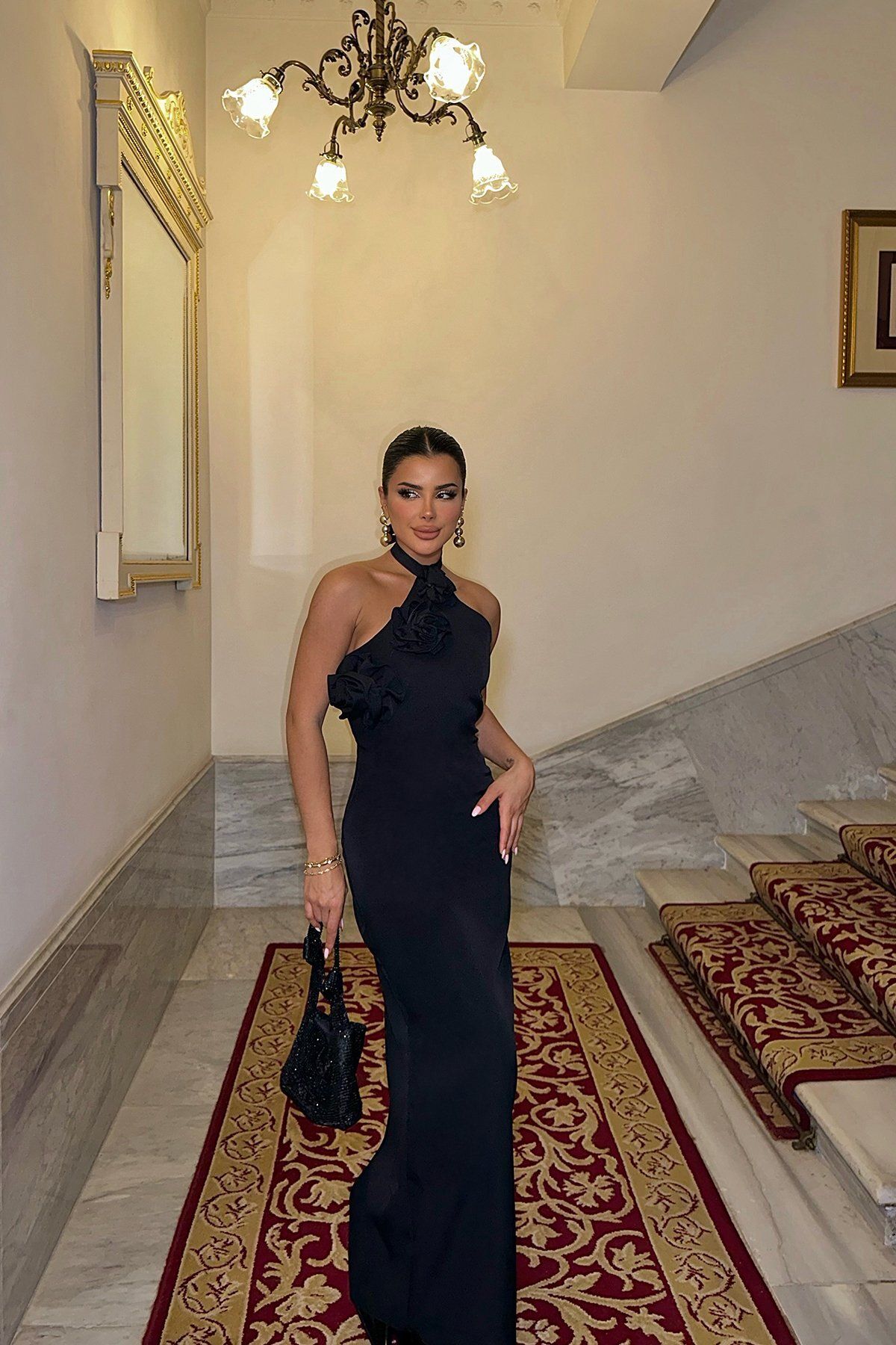 Siyah Gül Detay Bağlamalı Elbise ATE-0222