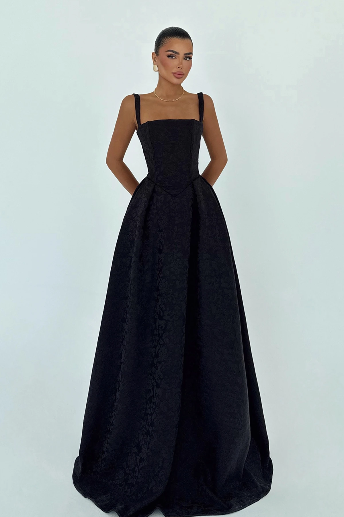 Siyah Lidia Uzun Abiye Elbise ATE-3006