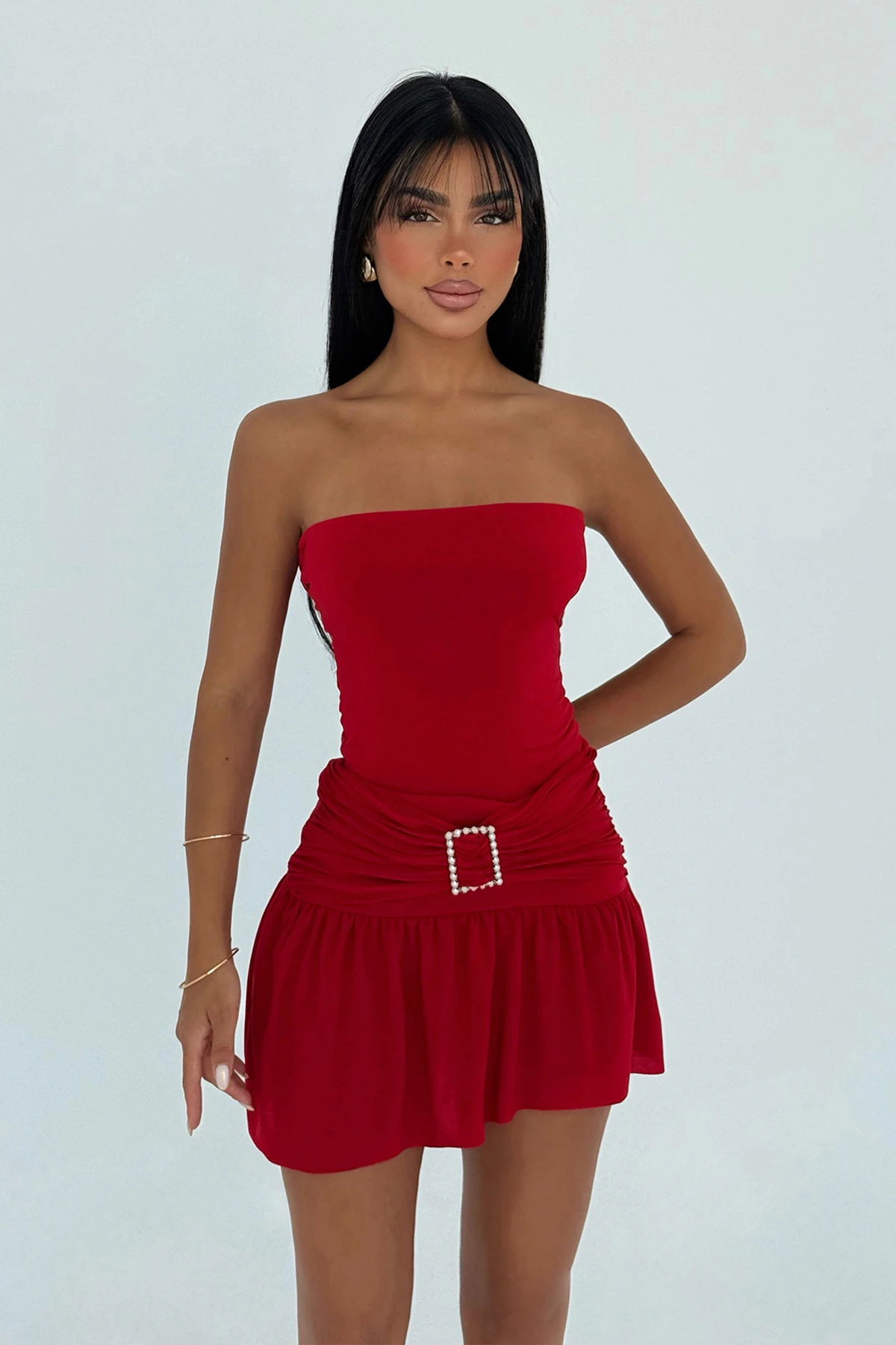 Kırmızı Jody Mini Taş Aksesuarlı Elbise ATE-3115