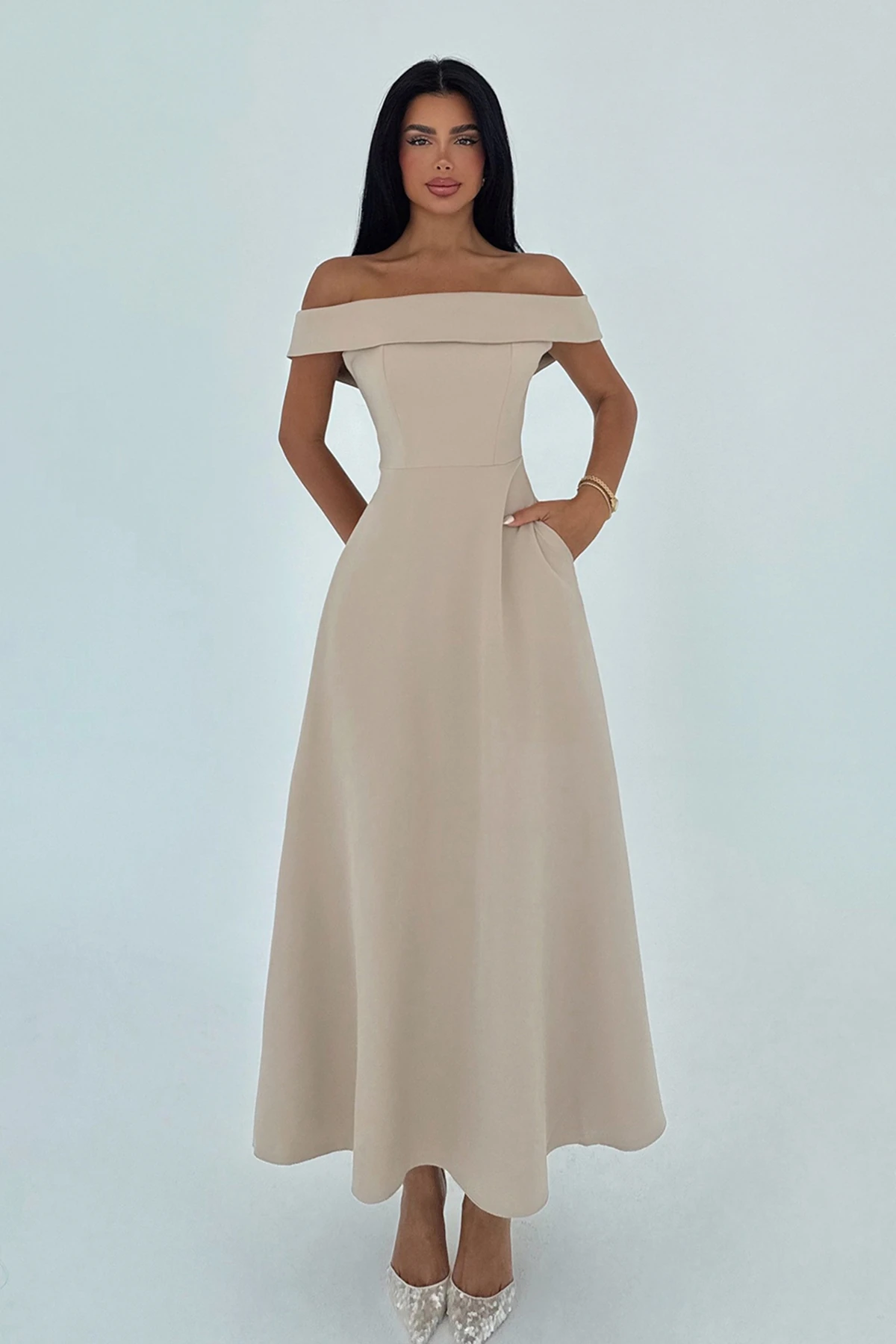 Krem Creil Madonna Yaka Elbise ATE-2923