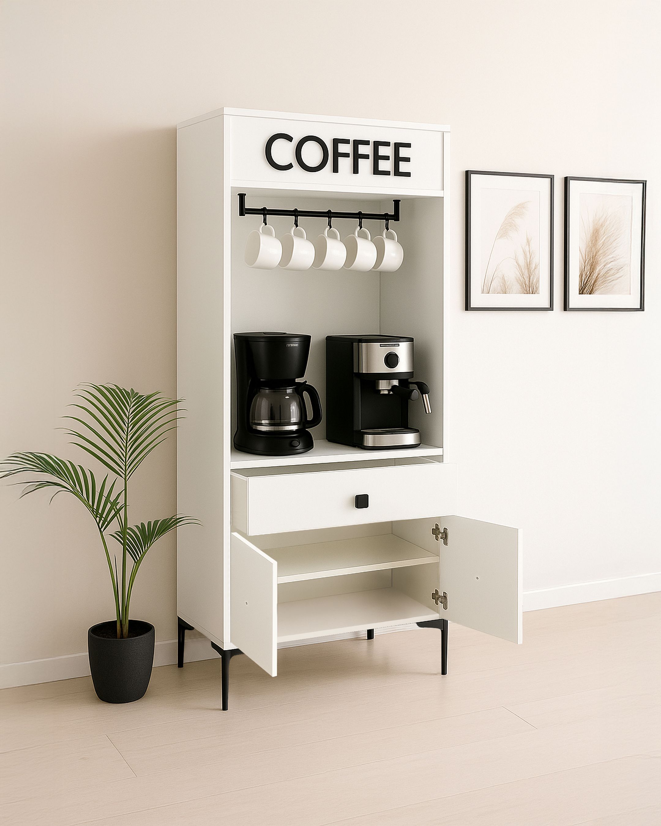 Beyaz Modern Kahve Köşesi – Raflı ve Bardak Askılı