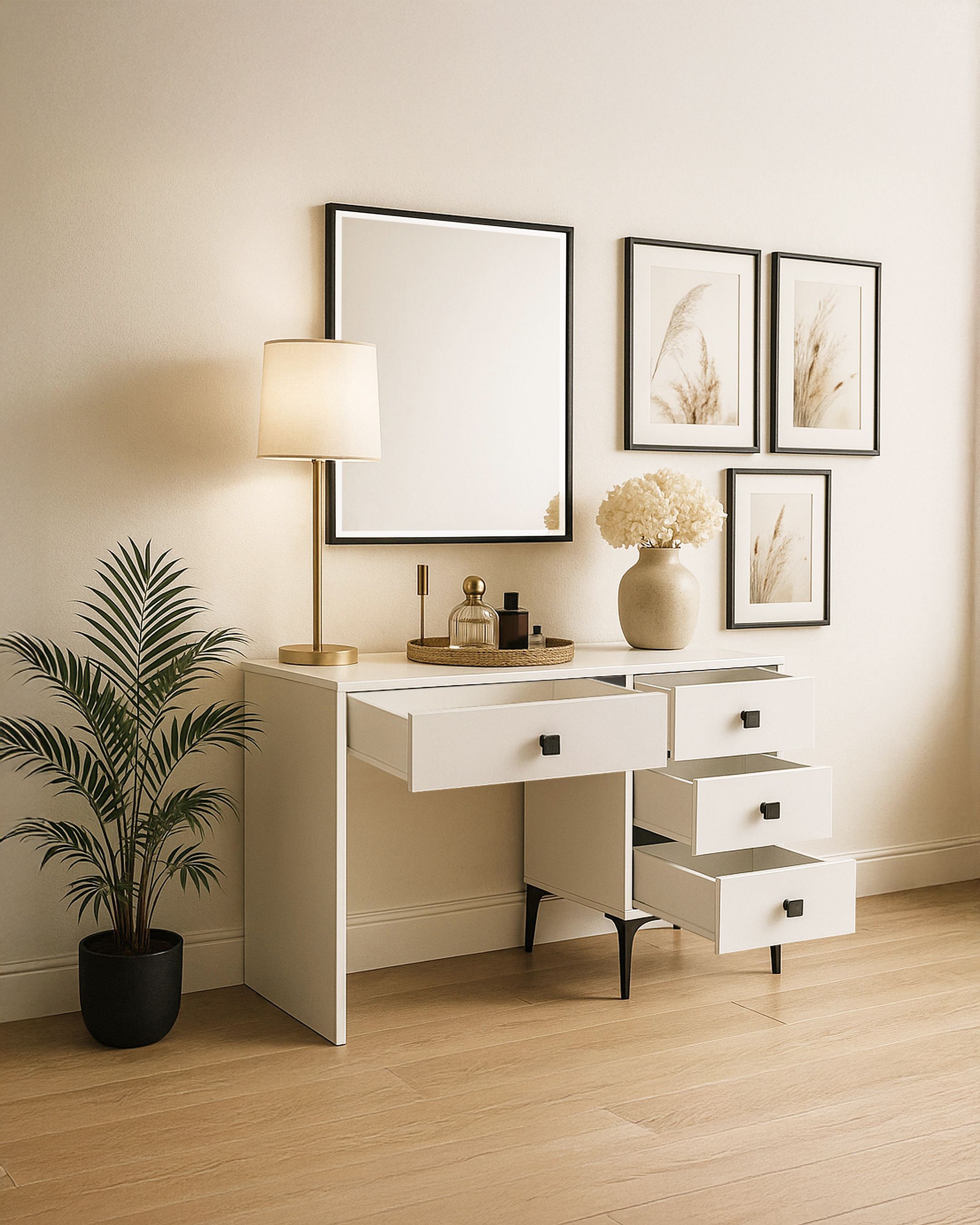 Beyaz Modern Makyaj Masası – Çekmeceli ve Aynalı