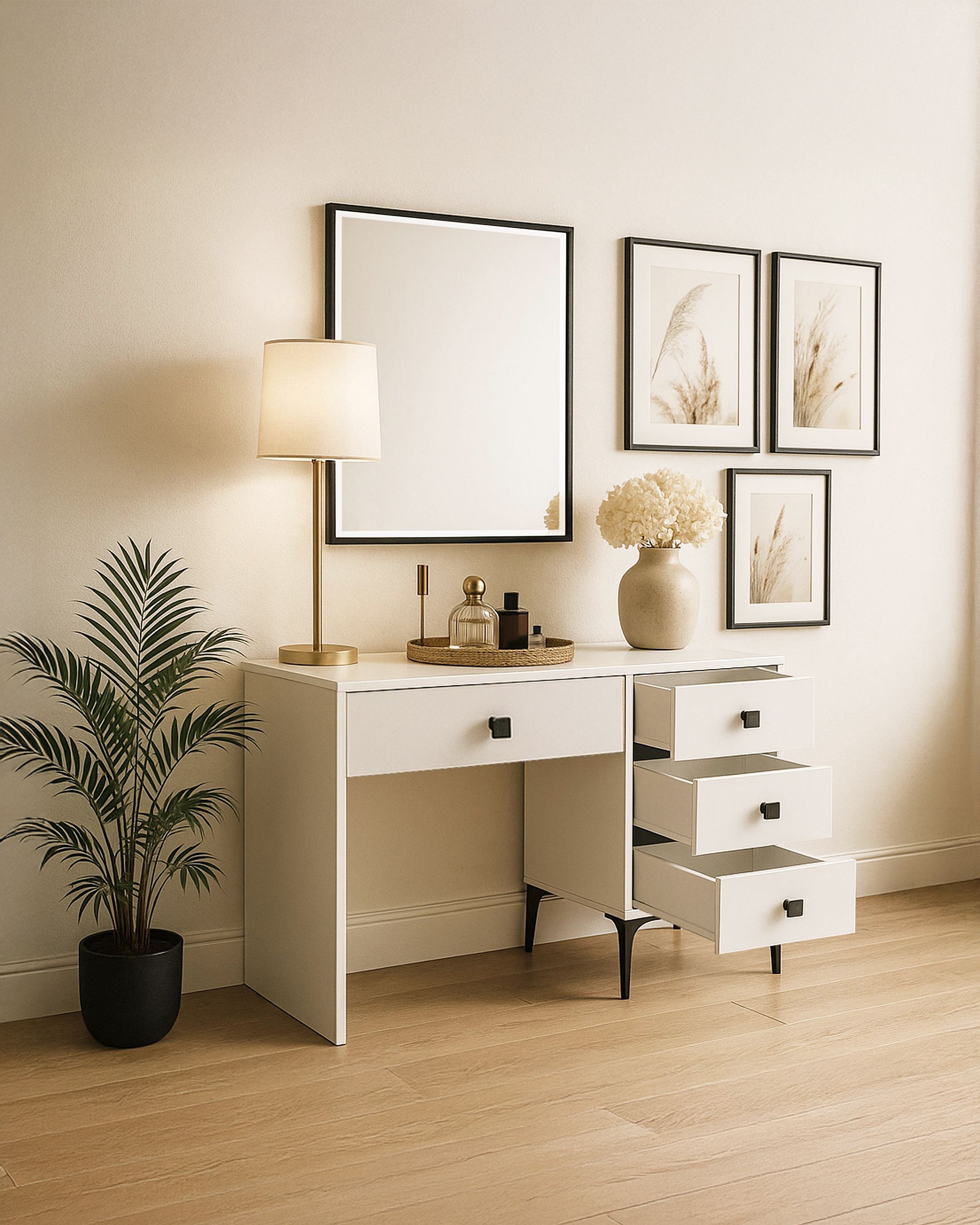 Beyaz Modern Makyaj Masası – Çekmeceli ve Aynalı