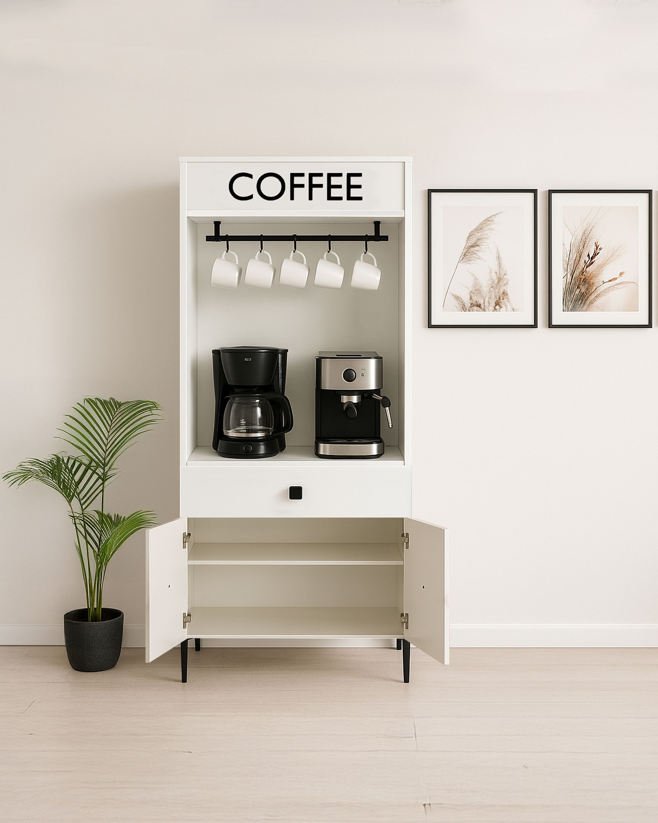 Beyaz Modern Kahve Köşesi – Raflı ve Bardak Askılı